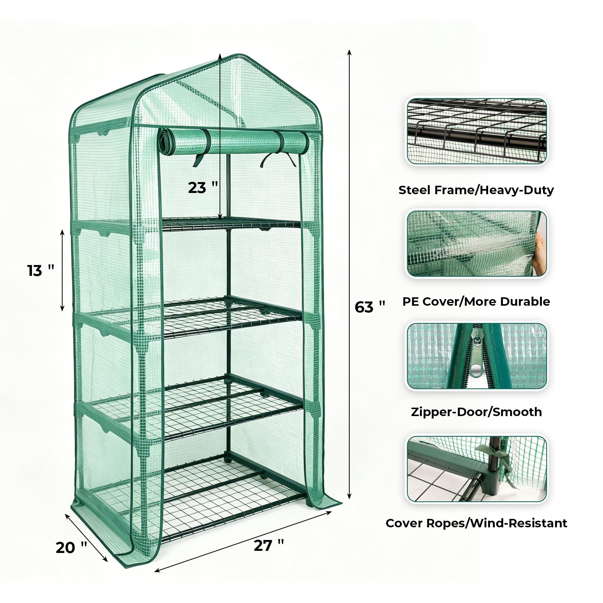Worth Ogrodowa 4-poziomowa mini szklarnia – 160 cm wys. x 71 cm dł. x 45 cm szer. – stabilne przenośne półki ogrodowe z wytrzymałą osłoną PE z zwijanymi drzwiami na zamek błyskawiczny – mały zielony