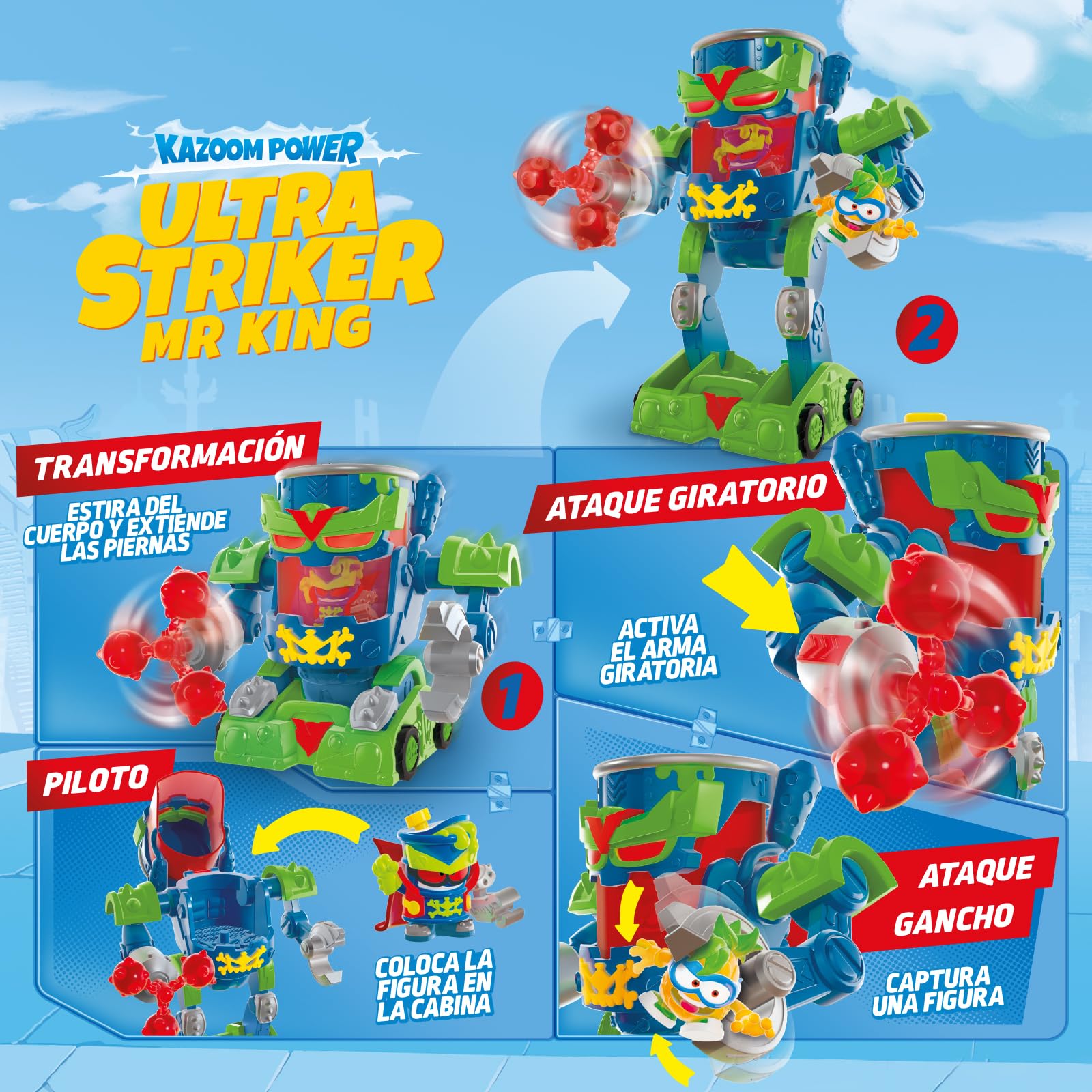 SUPERTHINGS – Ultra Striker Mr. King. Robot Ultra Striker de Mr. King de la Serie de TV “SuperThings Kazoom Power”. Contiene 1 Ultra Striker Robot, 1 Mr. King Exclusivo