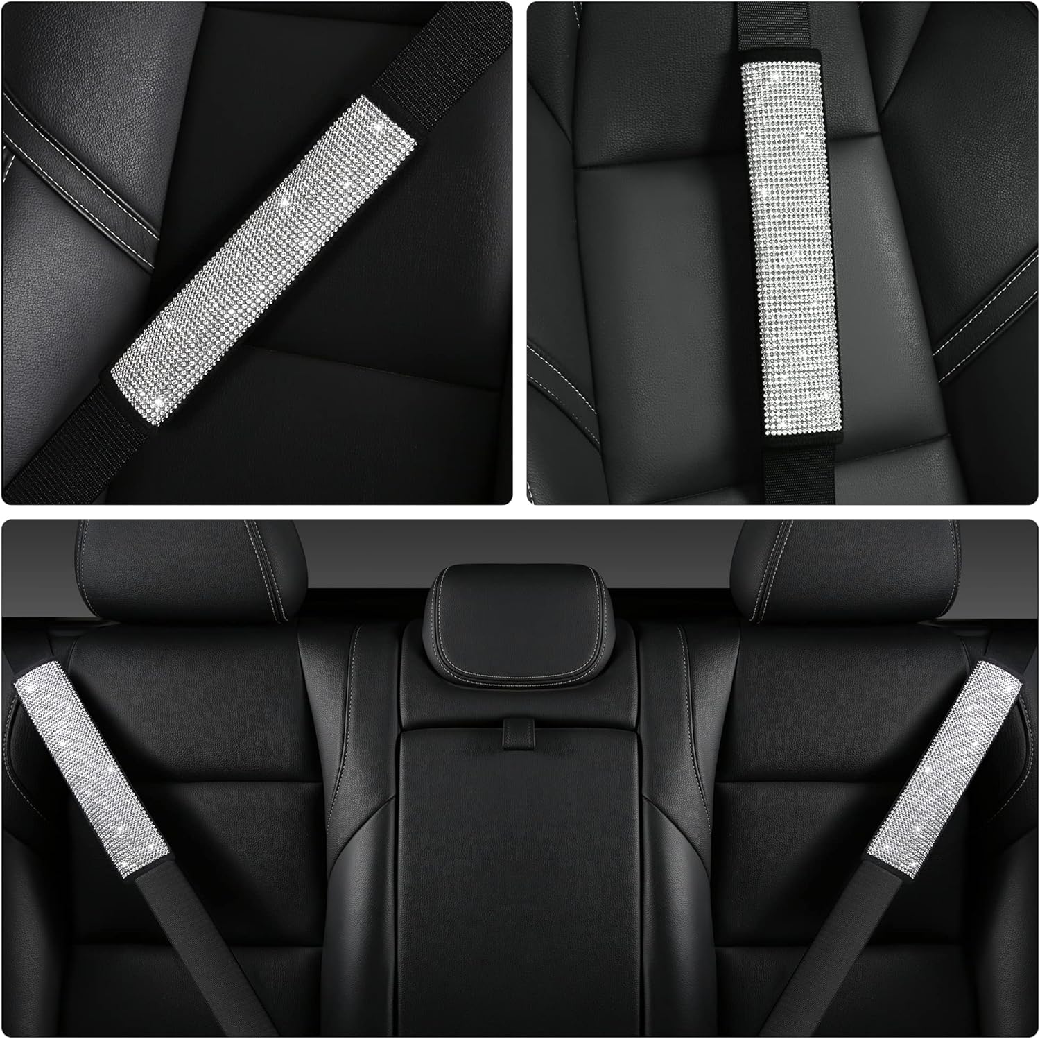 HighnessHwoo Bling Car Seatbelt Covers for Women Girls, Rhinestone Crystal Velvet Seat Belt Cushion Pad Cover Protector, Diamond Shine Safety Shoulder Pad, Car Interior Accessories, 2pcs, Silver 25cm