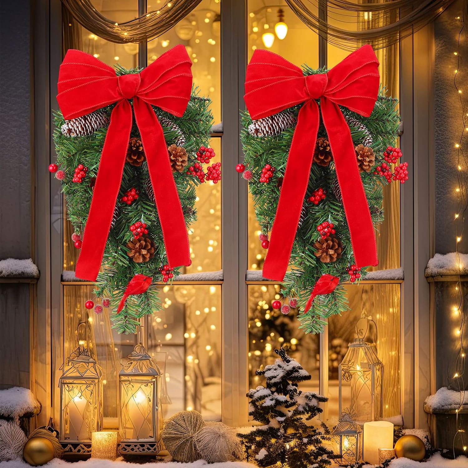 Suncalla 2 Pcs Christmas Teardrop Swag Decorations 20 Inch Christmas Artificial Norfolk Greenery Teardrop Wreath with Red Bow Pine Cones Berry for Indoor Outdoor Front Door Window Stair Hanging Decor