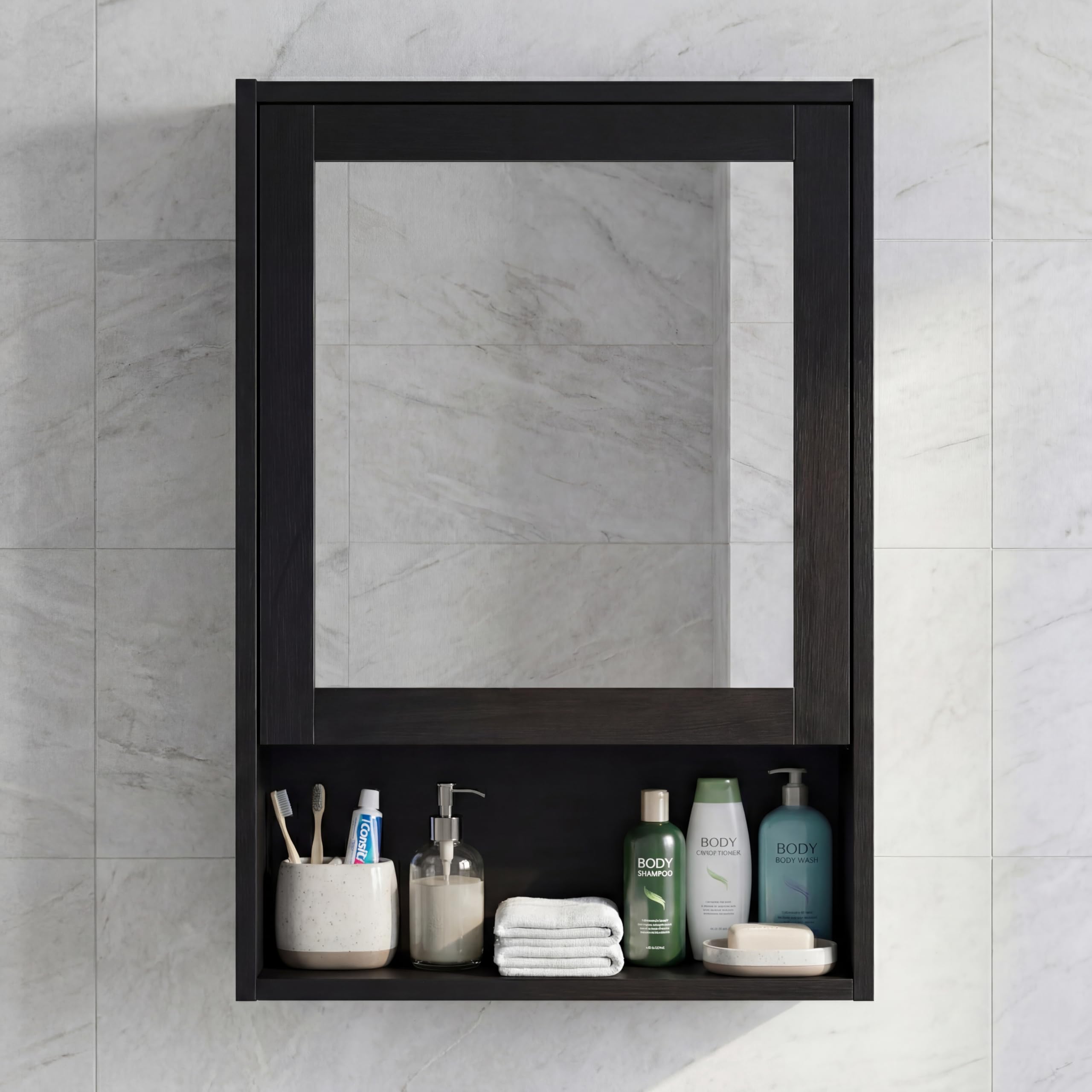 Furnihaus Gaia Bathroom Mirror Cabinet, Single Door Bathroom Storage Unit with Mirror, Handleless Push to Open, Wall Mounted, Adjustable Shelf, 67cm H x 47cm W x 17cm D, (Black Oak Effect)