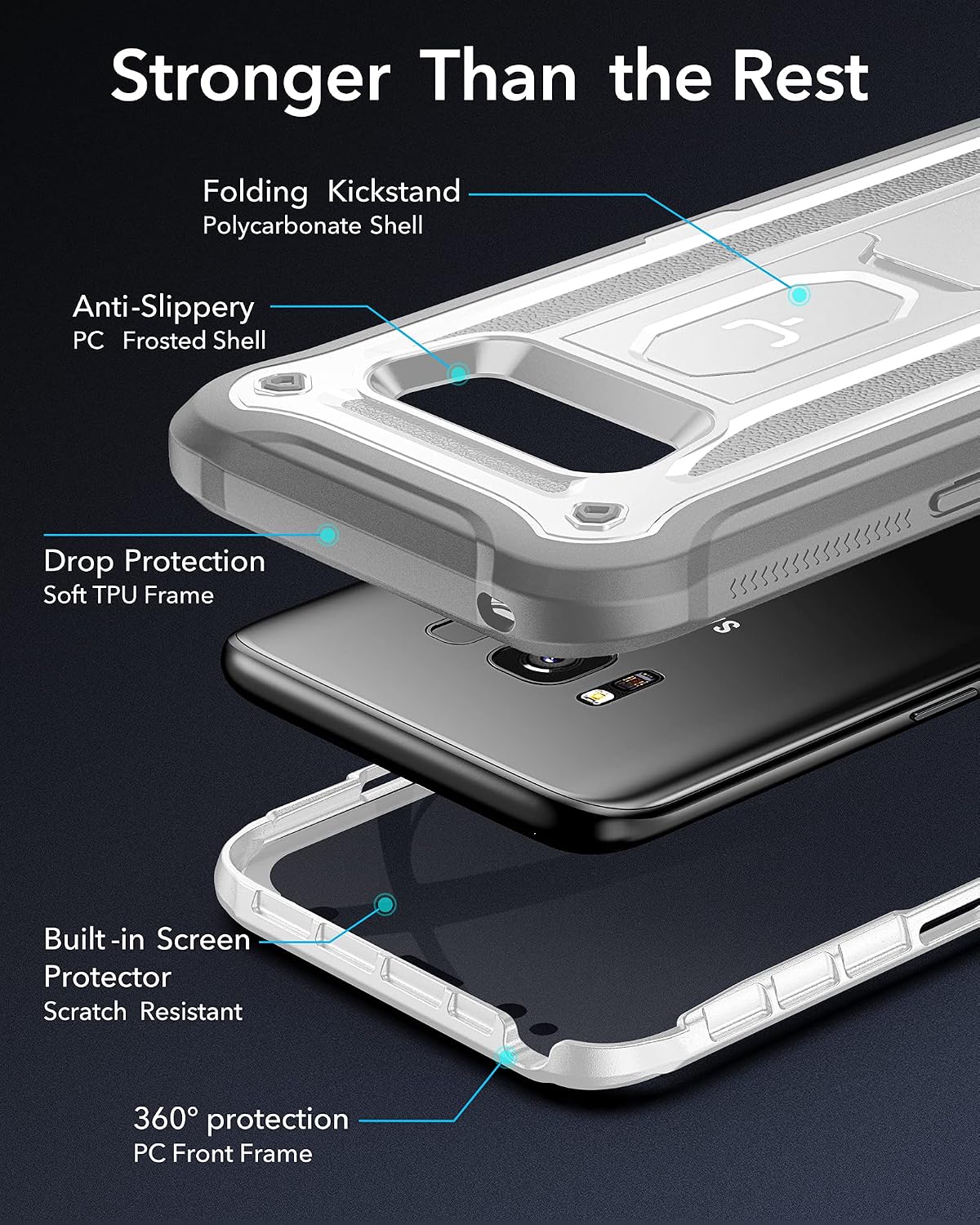 YOUMAKER Kickstand Case for Galaxy S8, Full Body with Built-in Screen Protector Heavy Duty Protection Shockproof Rugged Cover for Samsung Galaxy S8 5.8 inch - White/Gray