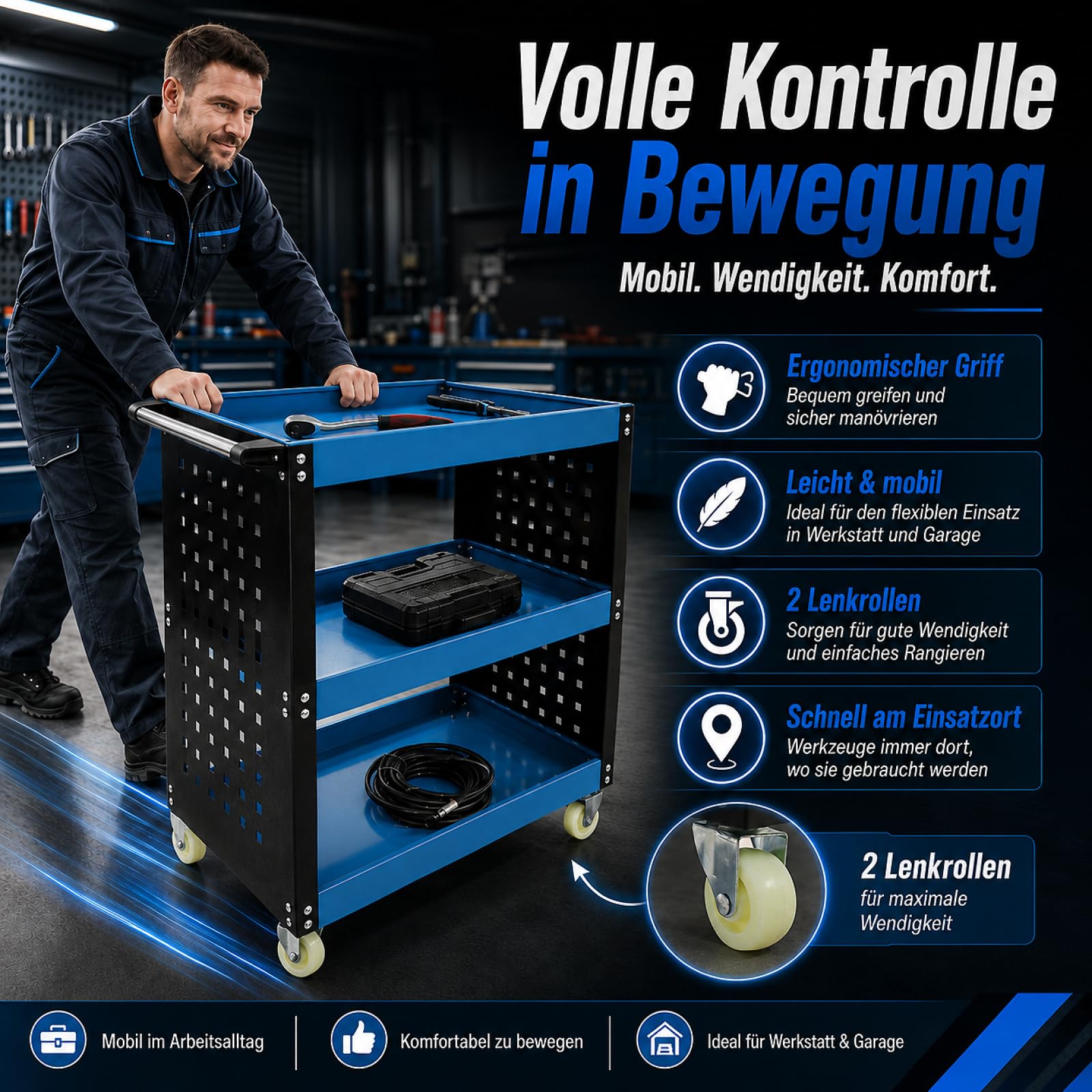 BITUXX Werkstattwagen mit 3 Ablagen, robuster Werkzeugwagen mit Rollen, Werkzeugablage für Garage & Werkstatt, mobiler Metallwagen, Stabiler Werkzeugkarren mit Griff und Lochwand mit 12 Haken