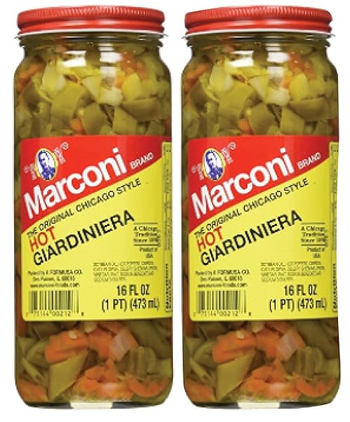 Marconi Hot Giardiniera, Chicago Style Vegetable Mix with Peppers, Carrots, Cauliflower, Celery Gherkins, Bulk Jar, 16oz