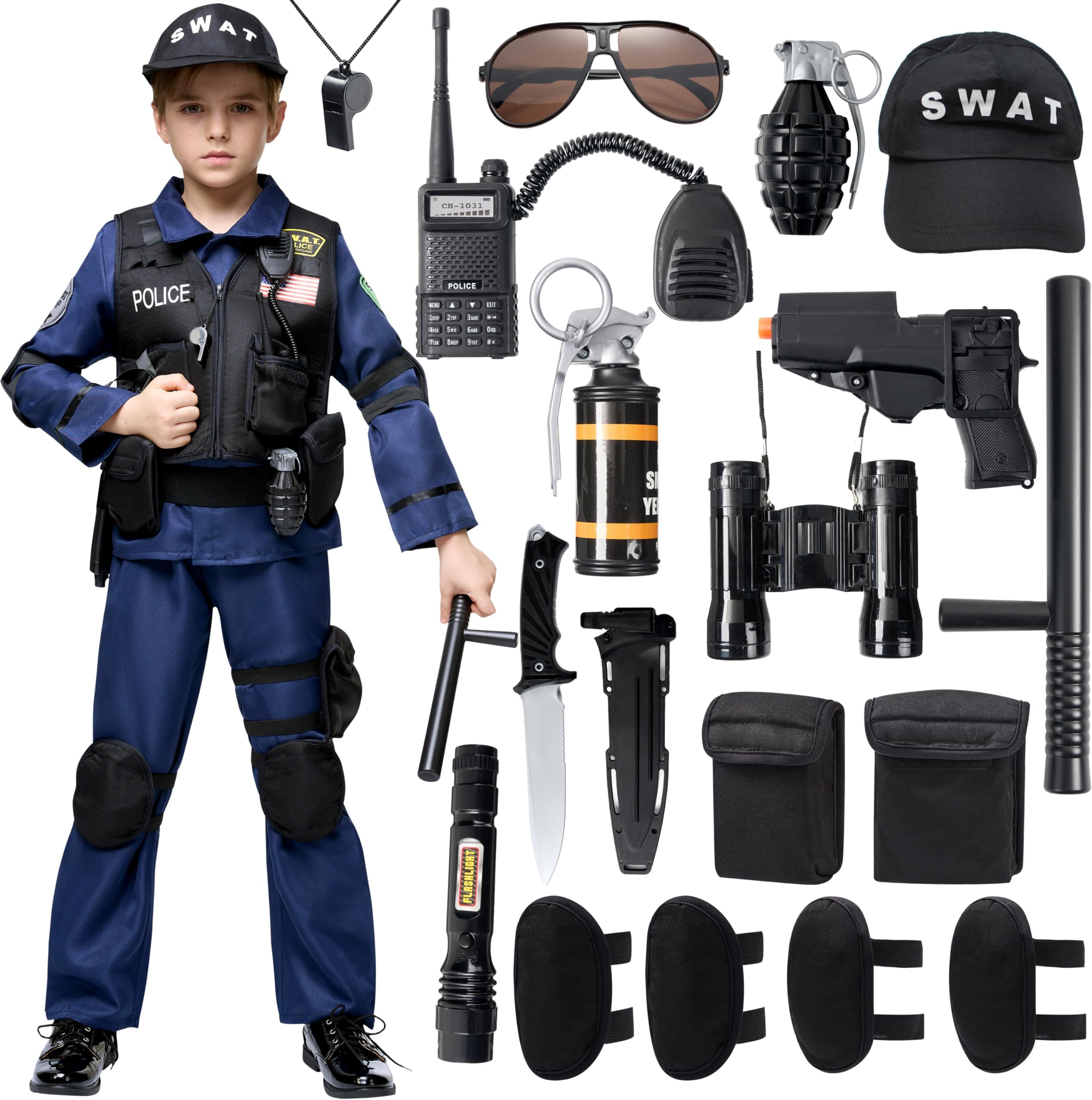 Spooktacular Creations 20PCS Police SWAT Costume for Kids, S.W.A.T. Police Officer Costume for Boys Halloween Cosplay Party