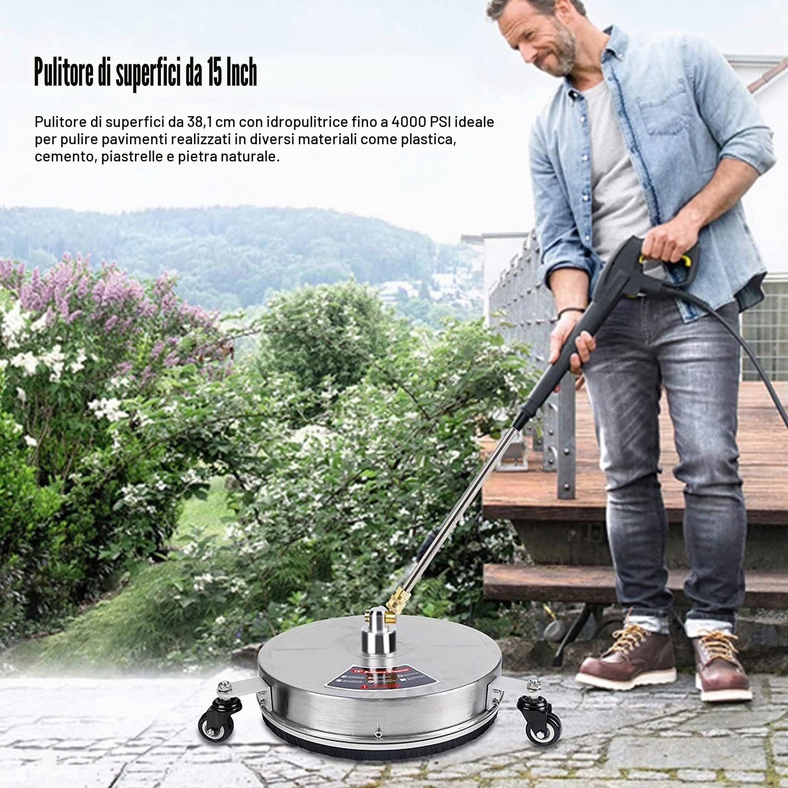 Spazzola per Idropulitrice 15 Pollici 4000 PSI in Ottone e Acciaio Inossidabile con 4 Ruote e Connettore Rapido 1/4, Pulizia 5 Volte Pi¨´ Veloce per Cortili e Cantieri, Officine, Aziende Agricole