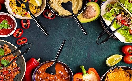 Miniatura 3 de VeZee Utensilios de plástico para servir utensilios desechables negros resistentes  Juego de cucharas de 10 pulgadas tenedores de 10 pulgadas pinzas