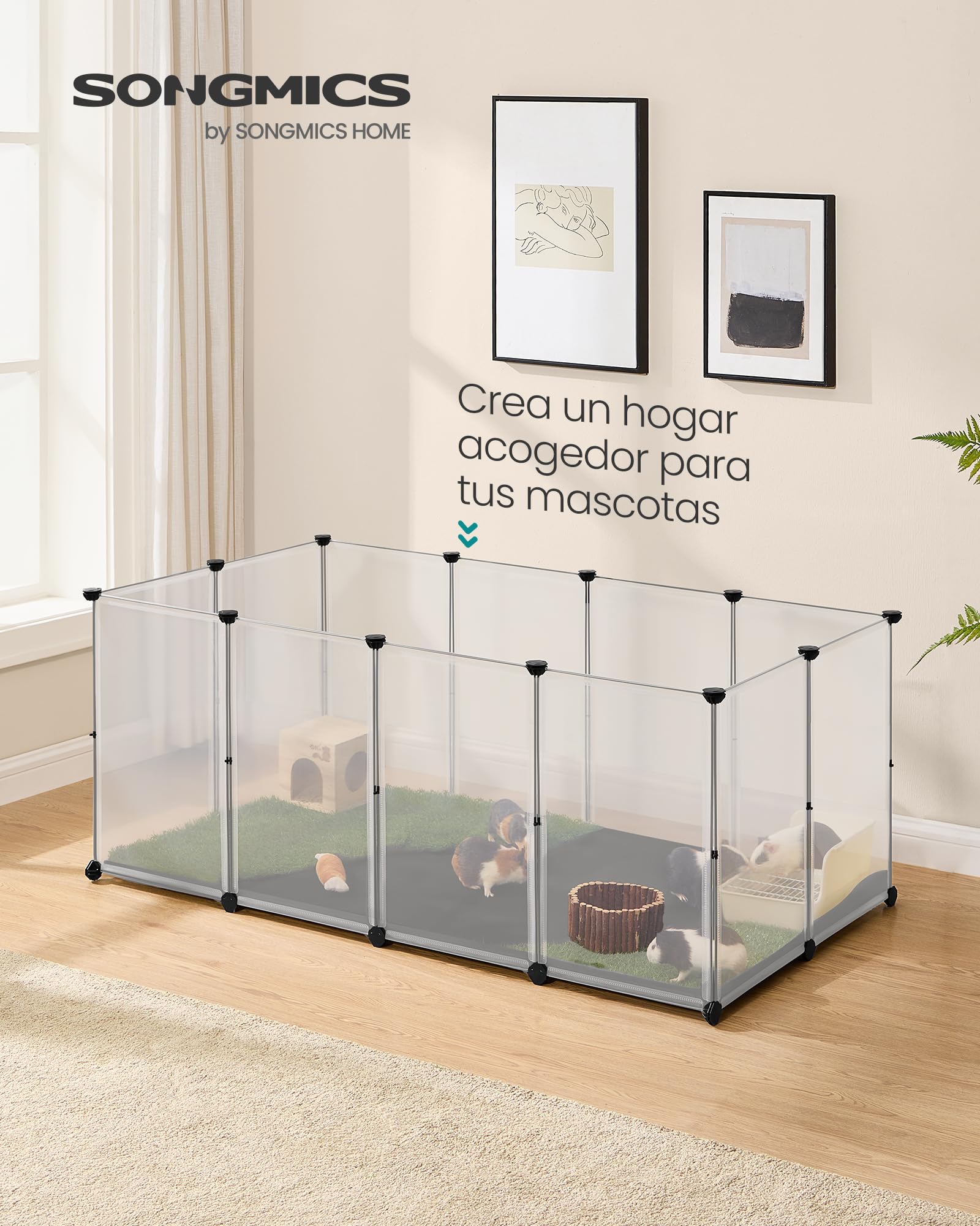 SONGMICS Parque para Mascotas con Suelo y Alfombra Impermeables y Extraíbles, Valla para Animales Pequeños, para Hámsteres, Conejos, Erizos, Cobayas, 145 x 73 x 57 cm, Blanco LPC013W01