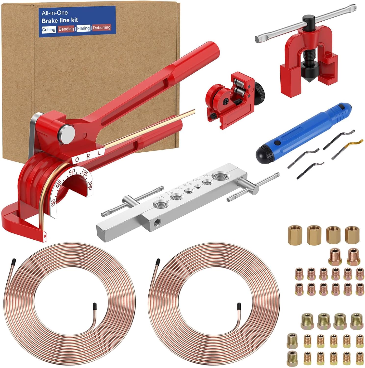 Brake Line Kit with Deburring Tool - 3/16" and 1/4" 25ft Copper Coated Brake Line with Fittings, Complete Repair Set for Cars & Trucks & DIY, Includes Single Flare Tool, Bender and Tubing Cutter