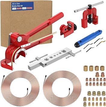 Brake Line Kit with Deburring Tool - 3/16" and 1/4" 25ft Copper Coated Brake Line with Fittings, Complete Repair Set for Cars & Trucks & DIY, Includes Single Flare Tool, Bender and Tubing Cutter