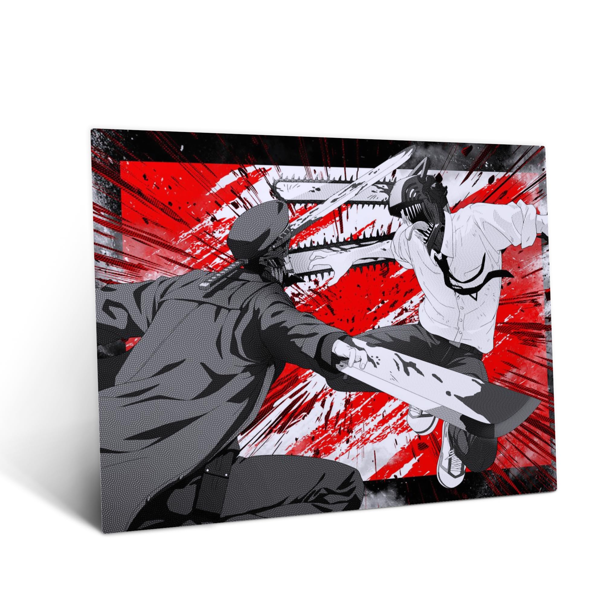 Displate Metallposter Chainsaw Man vs Katana - Man Red Brutal Combat - Wanddeko Poster für Schlafzimmer Magnetische Befestigung 48 cm x 67.5 cm