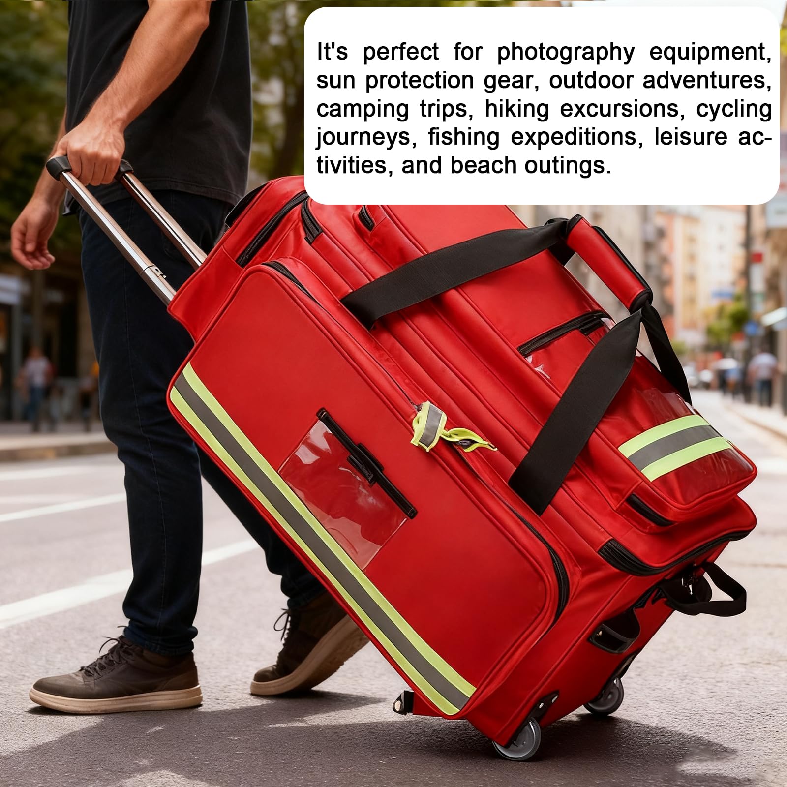 Bolsa médica con ruedas, bolsa de primeros auxilios, caja de emergencia desmontable con compartimentos y tiras reflectantes, para EMT, EMS, enfermeras de salud en el hogar, médicos, color rojo