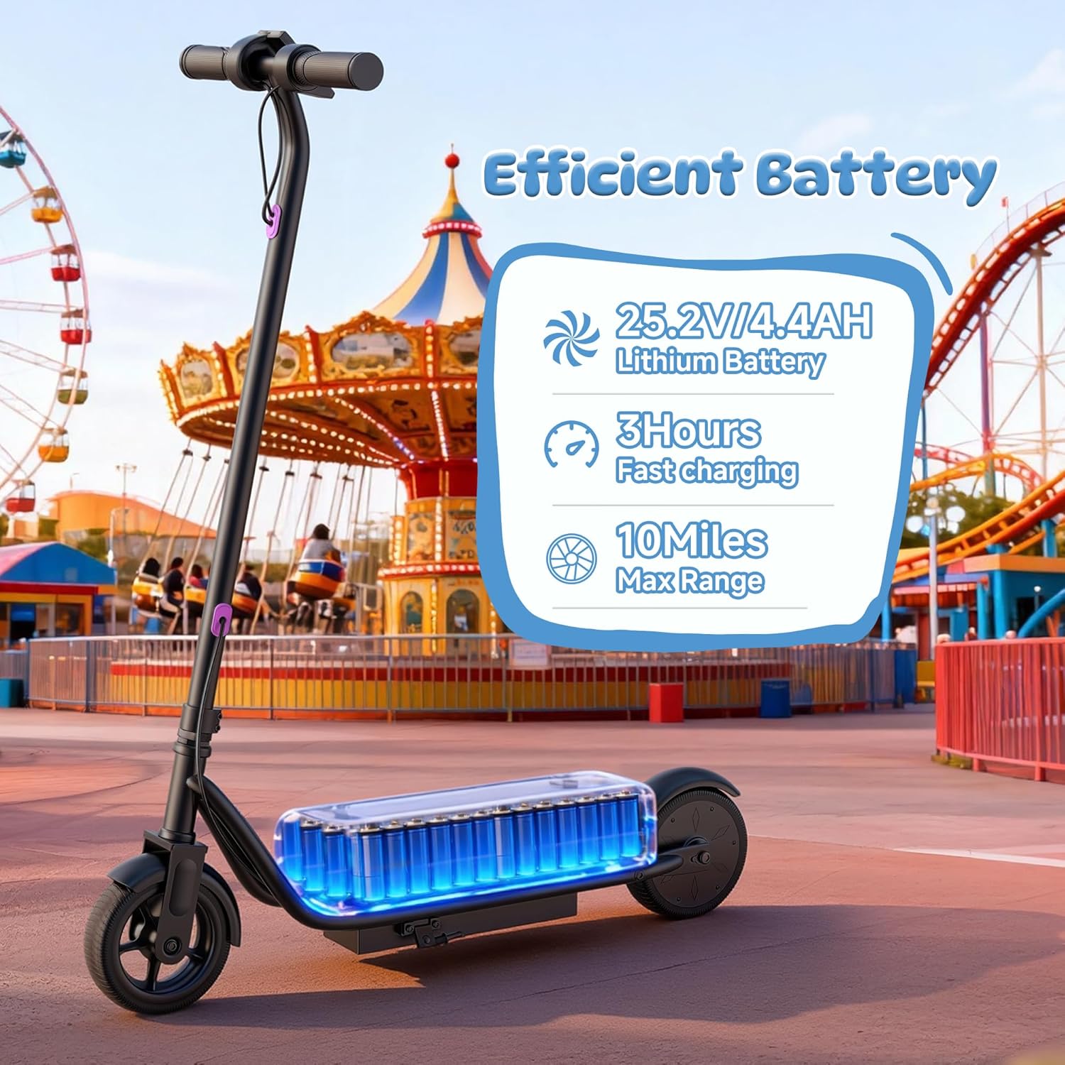 Aovowheel Y07S electric scooter with its battery compartment illuminated, showing battery specifications.