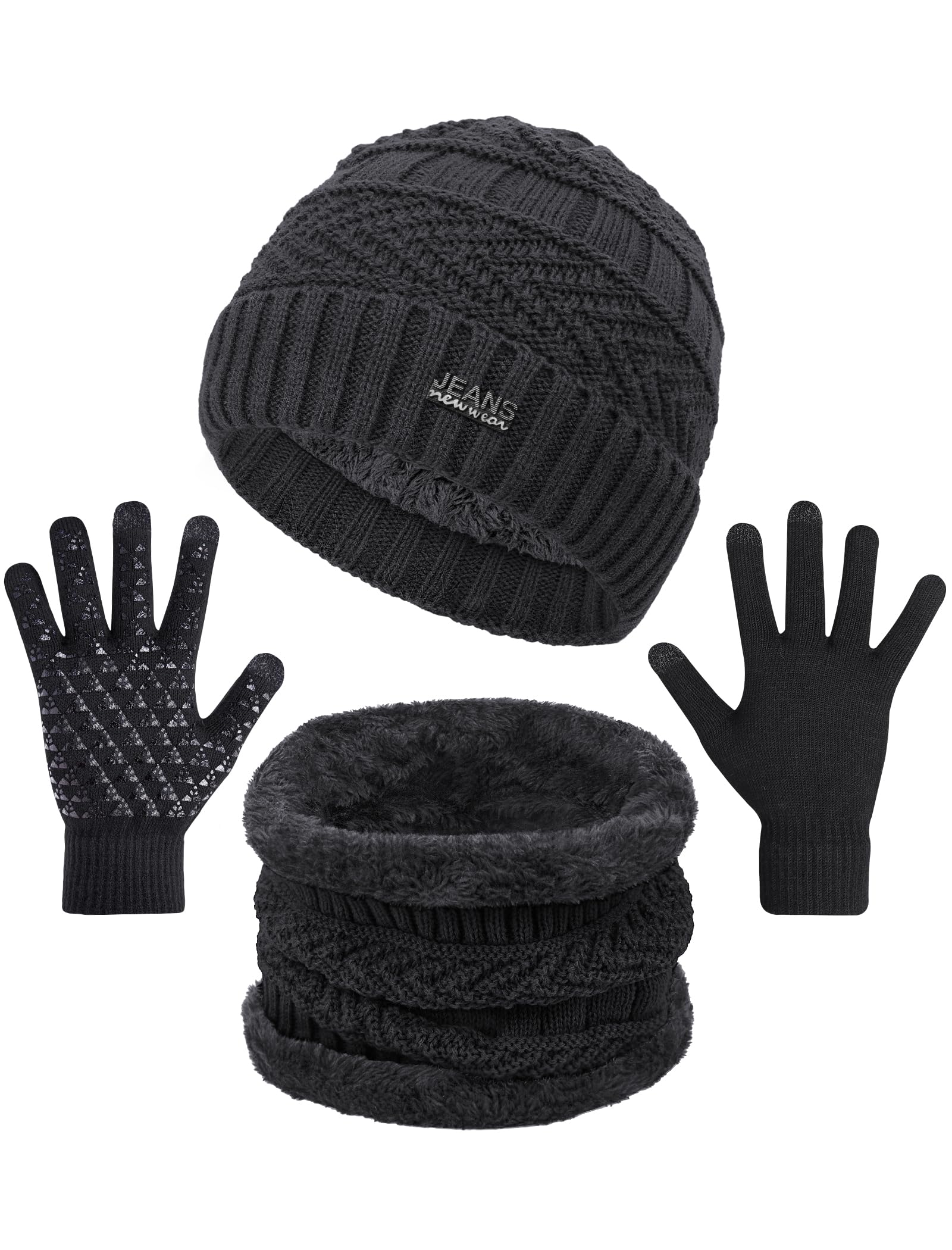 Winter Beanie Hat Scarf and Touchscreen Gloves Set for Men, Warm Knit Skull Cap with Fleece Lined Gifts