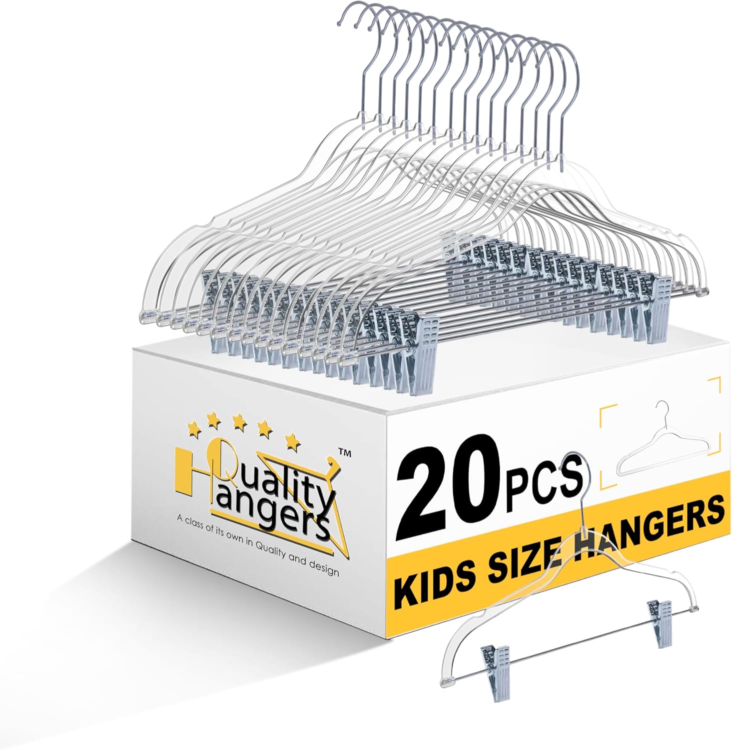 Quality Clear Kids Pants Hangers with Clips 20 Pack | Heavy Duty Skirt Hangers with Swivel Hook and Notches | Space Saving Kids Clip Hangers for Pants | 13.7 Inch (20, Clear)