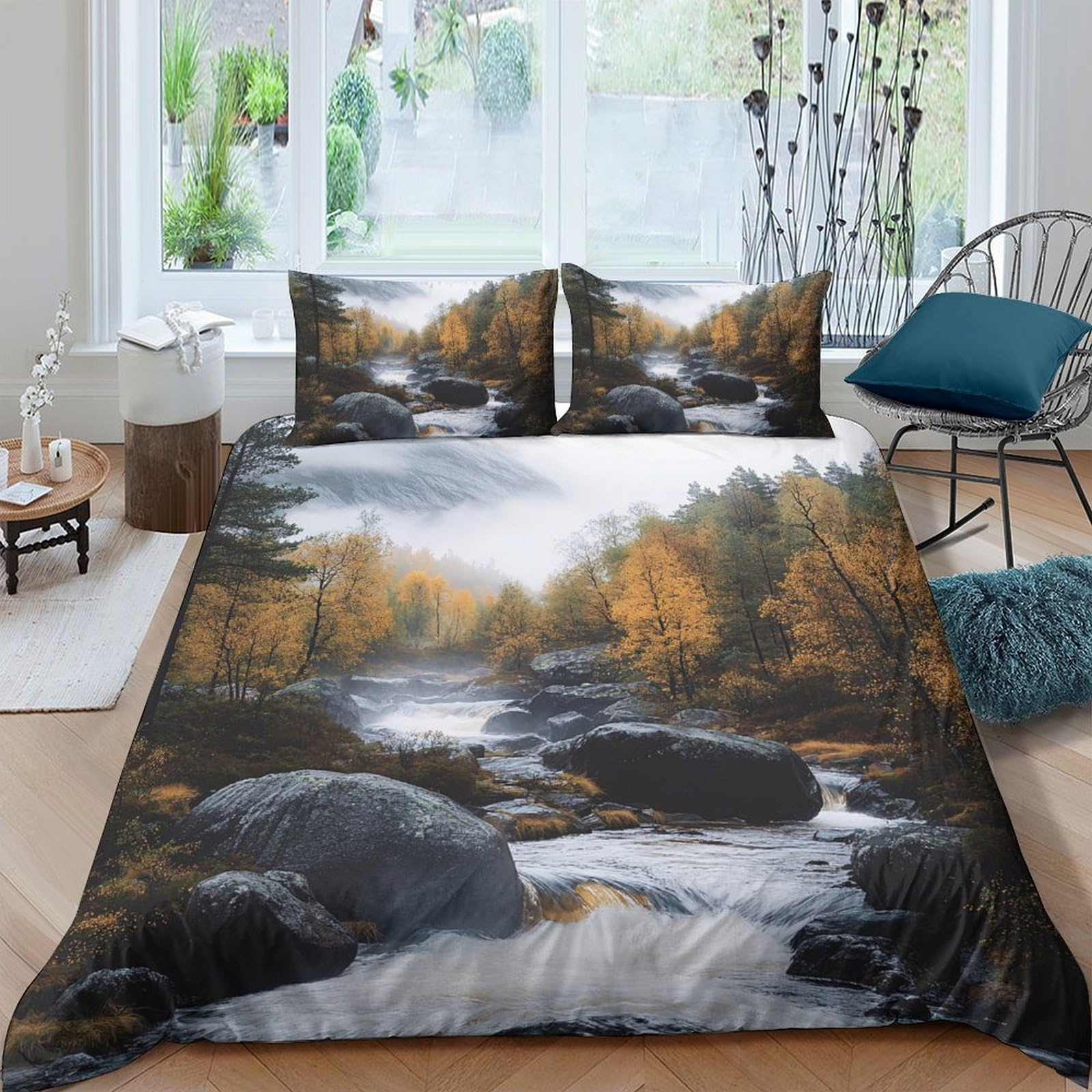 Ctjqhvkz Style-6 3D Printed Autumn Forest Stream Fitted Sheet Microfiber Soft Breathable River Rock Mattress Cover For Bedroom Decor Single（135X200cm）