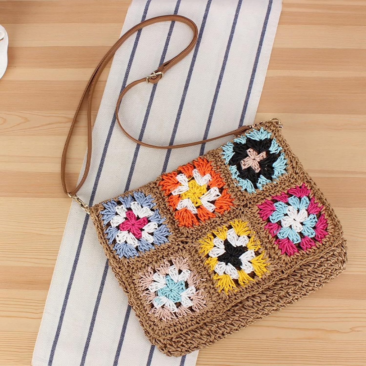 Muloo Ethnic Vintage Woven Flap Crossbody Bag Beach Vacation Crochet Colorful Flower Shoulder Bag Purse with Adjustable Strap, Beige - Image 5