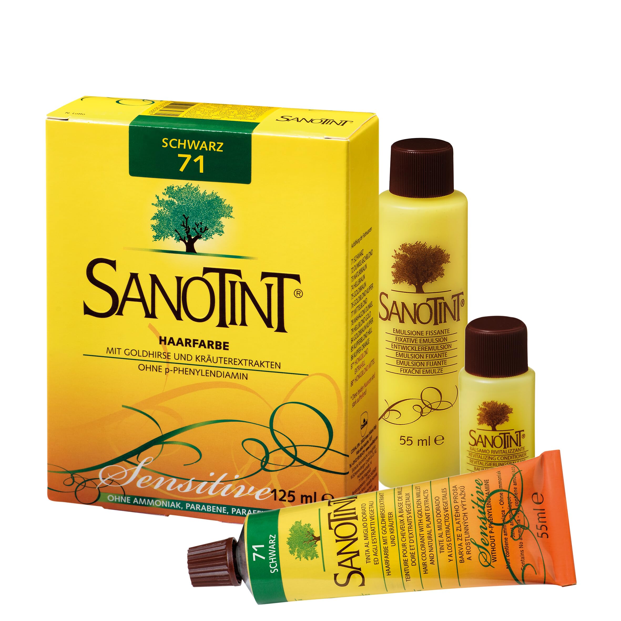 Sanotint - Haarfarbe Sensitive Nr. 71 "Schwarz" - Naturnahe dauerhafte Haarfarbe mit Goldhirse und wertvollen pflanzlichen Extrakten – 100% Grauabdeckung – vegan - 125 ml