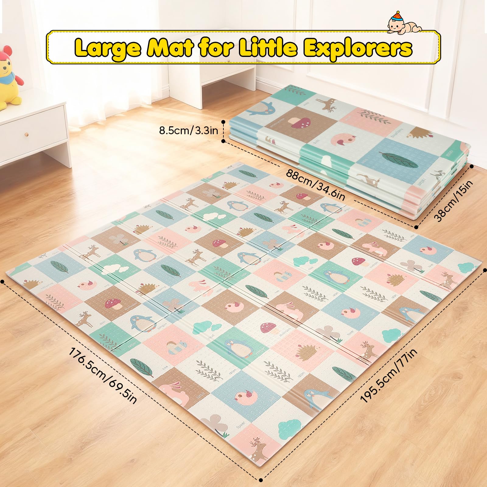 Krabbelmatte Baby XXL 195 x 176 cm, Spielmatte Baby faltbar, wasserdicht