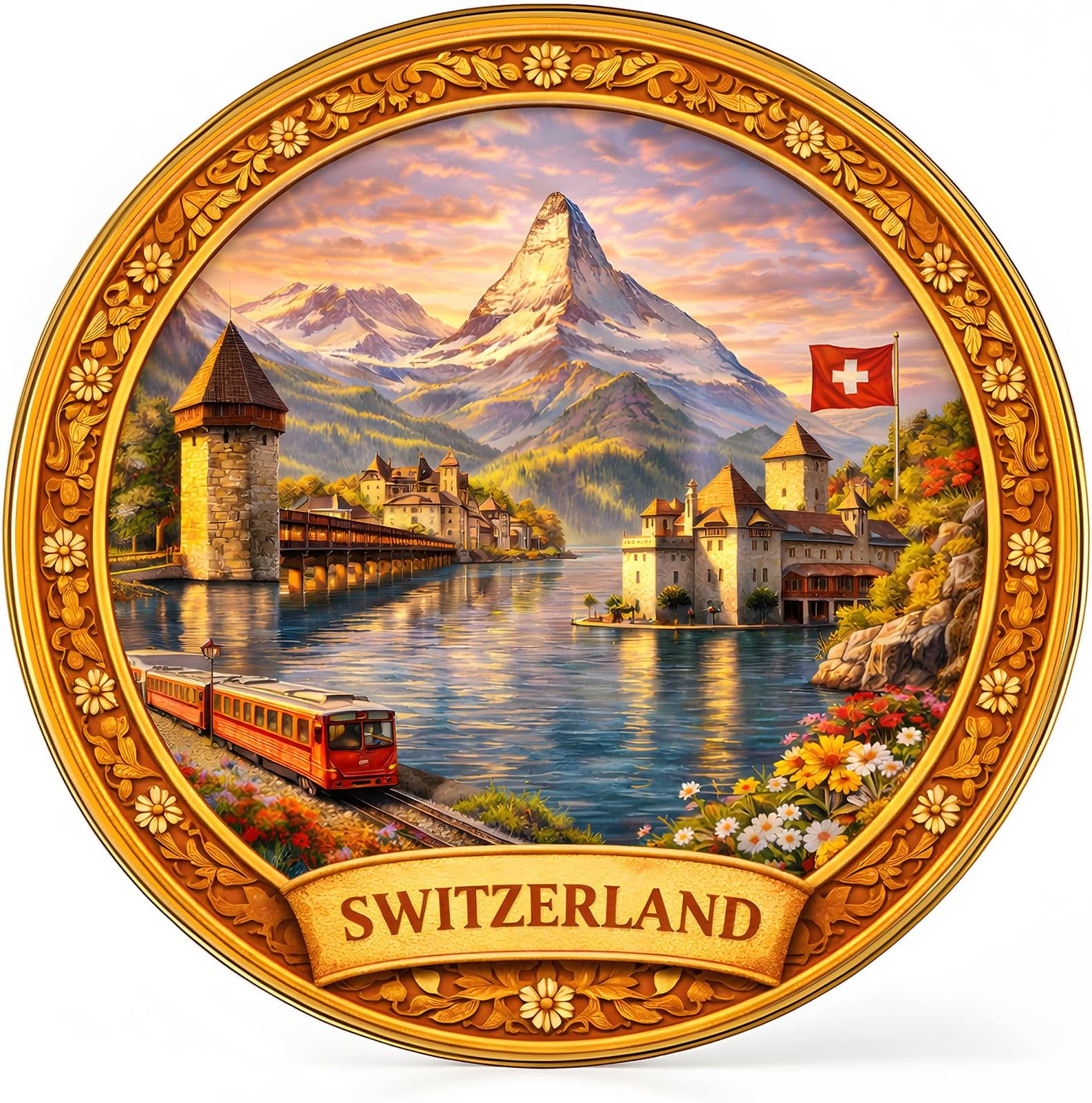 Regalo Casila Switzerland Country Alpine Lake Castle Matterhorn Scenic Tourism Souvenir 11 Inch Wall Decor Painting Round Wall Art Glossy Finish Water Resistant Golden Edge Border