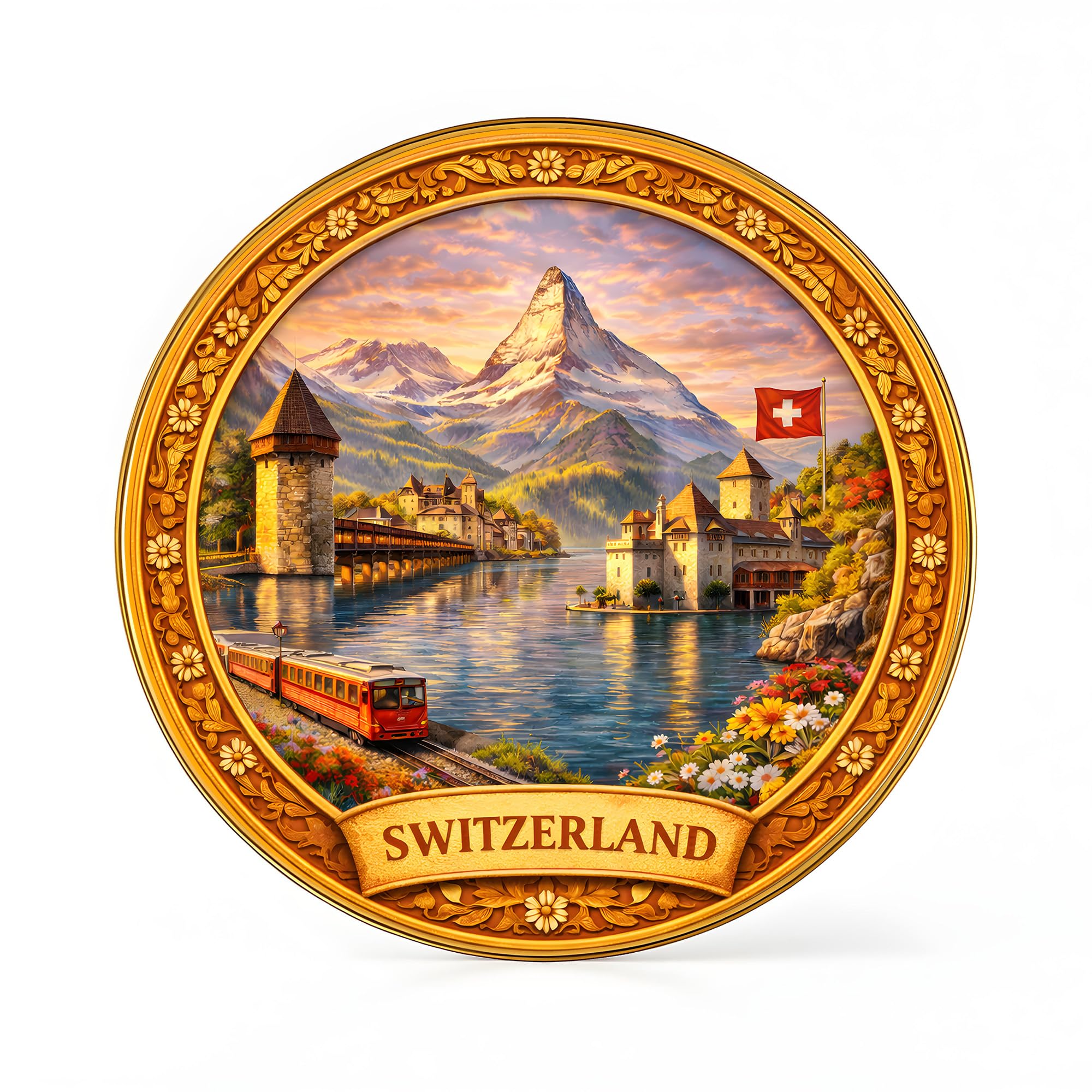 Regalo Casila Switzerland Country Alpine Lake Castle Matterhorn Scenic Tourism Souvenir 11 Inch Wall Decor Painting Round Wall Art Glossy Finish Water Resistant Golden Edge Border