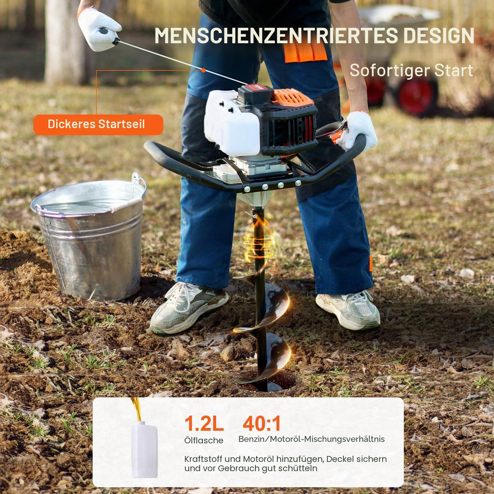 VEVOR Erdbohrer mit Benzinmotor, 52 CC, 1450 W, Benzinbohrer mit 8-Zoll-Bohrkronen und 1 Verlängerungsstange, Lochbohrer für Pfostenzäune für Ackerland, Gartenpflanzen, Orange+Schwarz
