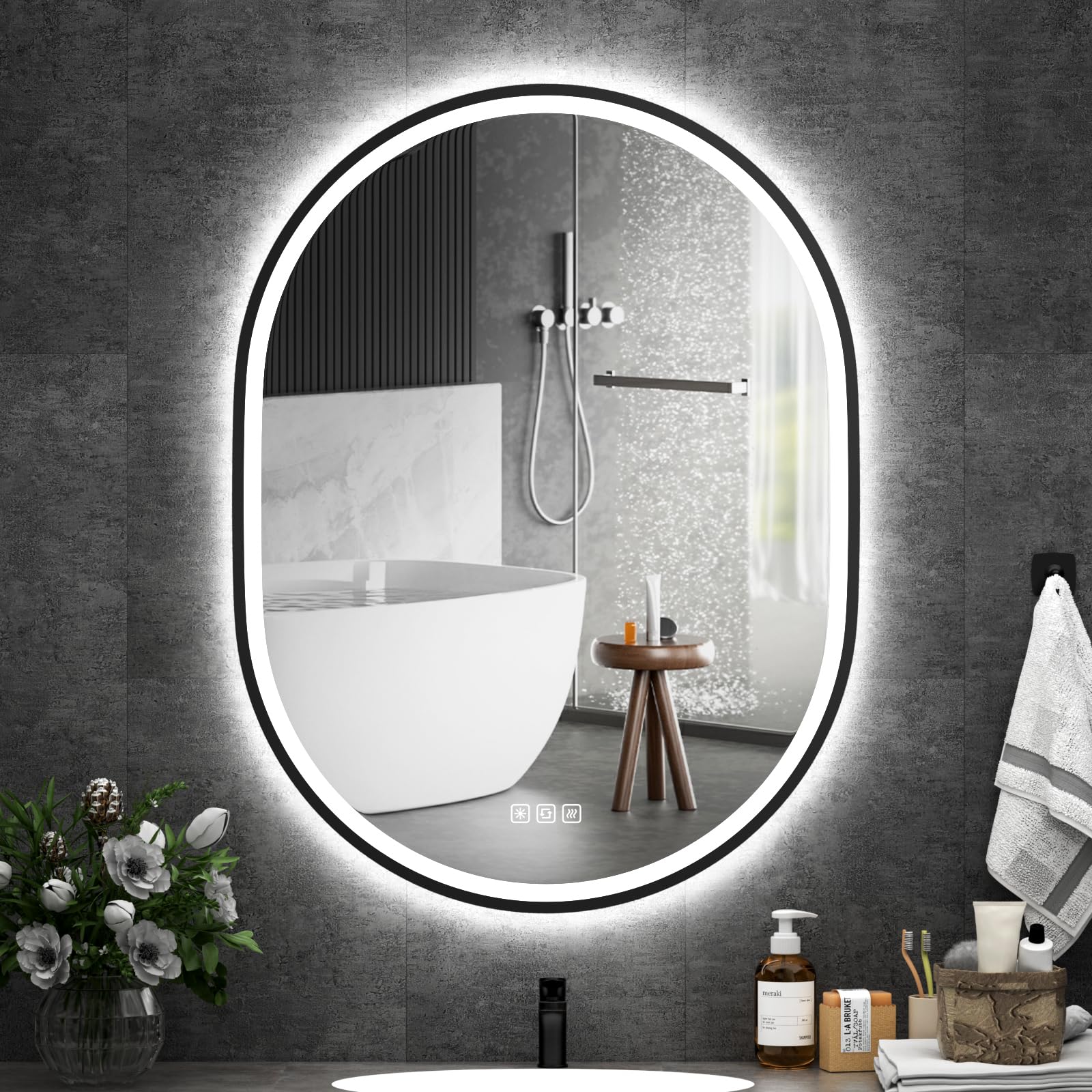 furduzz 900x700mm Oval LED Badezimmerspiegel mit Rahmen, Wandspiegel mit Anti-Nebel, 3 Farben, Speicher, Dimmbar, Smart Badezimmerlichtspiegel, Horizontal/Vertikal