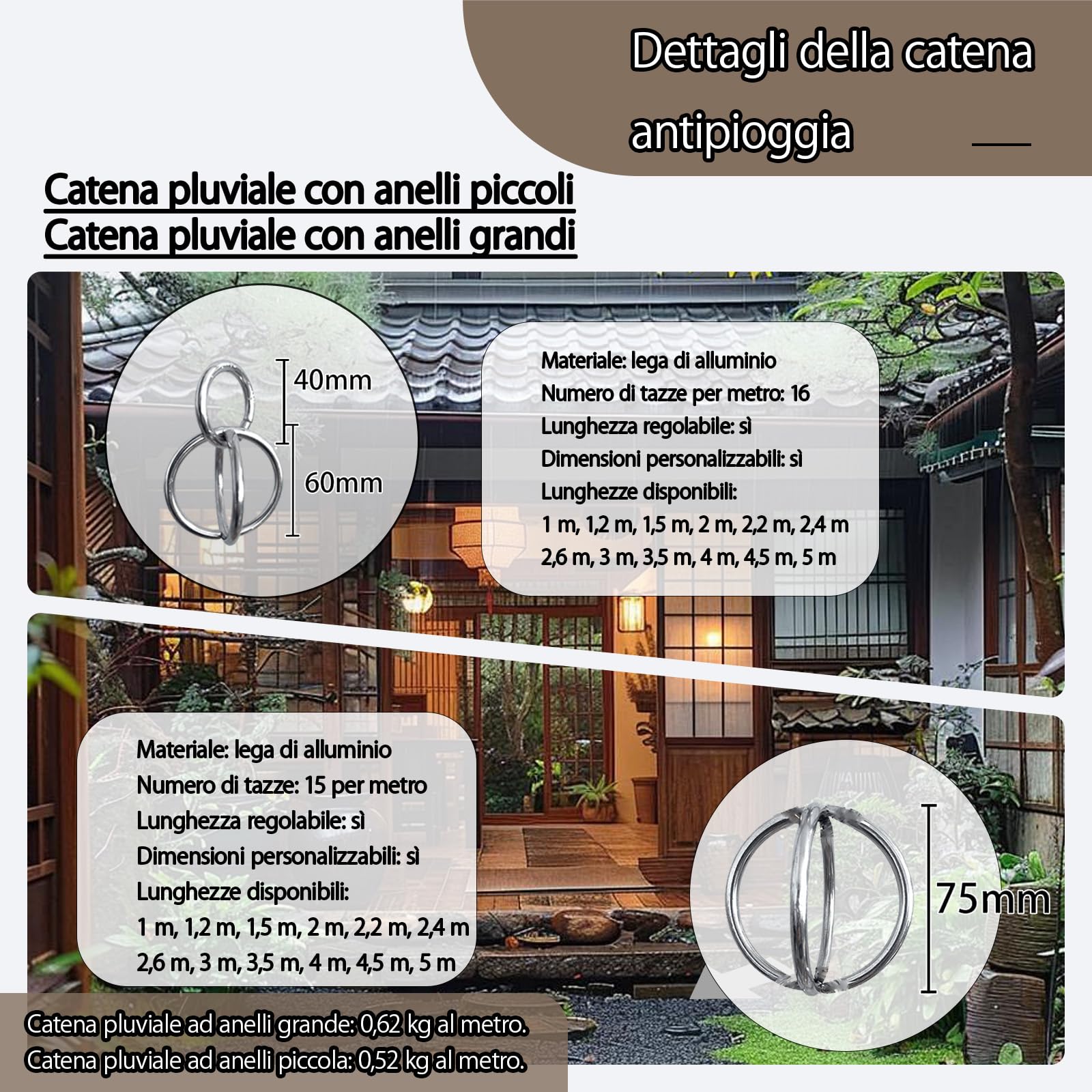 Catene da Pioggia,Decorativo Piovosità,Catena per Acqua piovana, Decorazione per Casa e Giardino,per Grondaia di Ville,(Size : 2.4m (7.8ft))