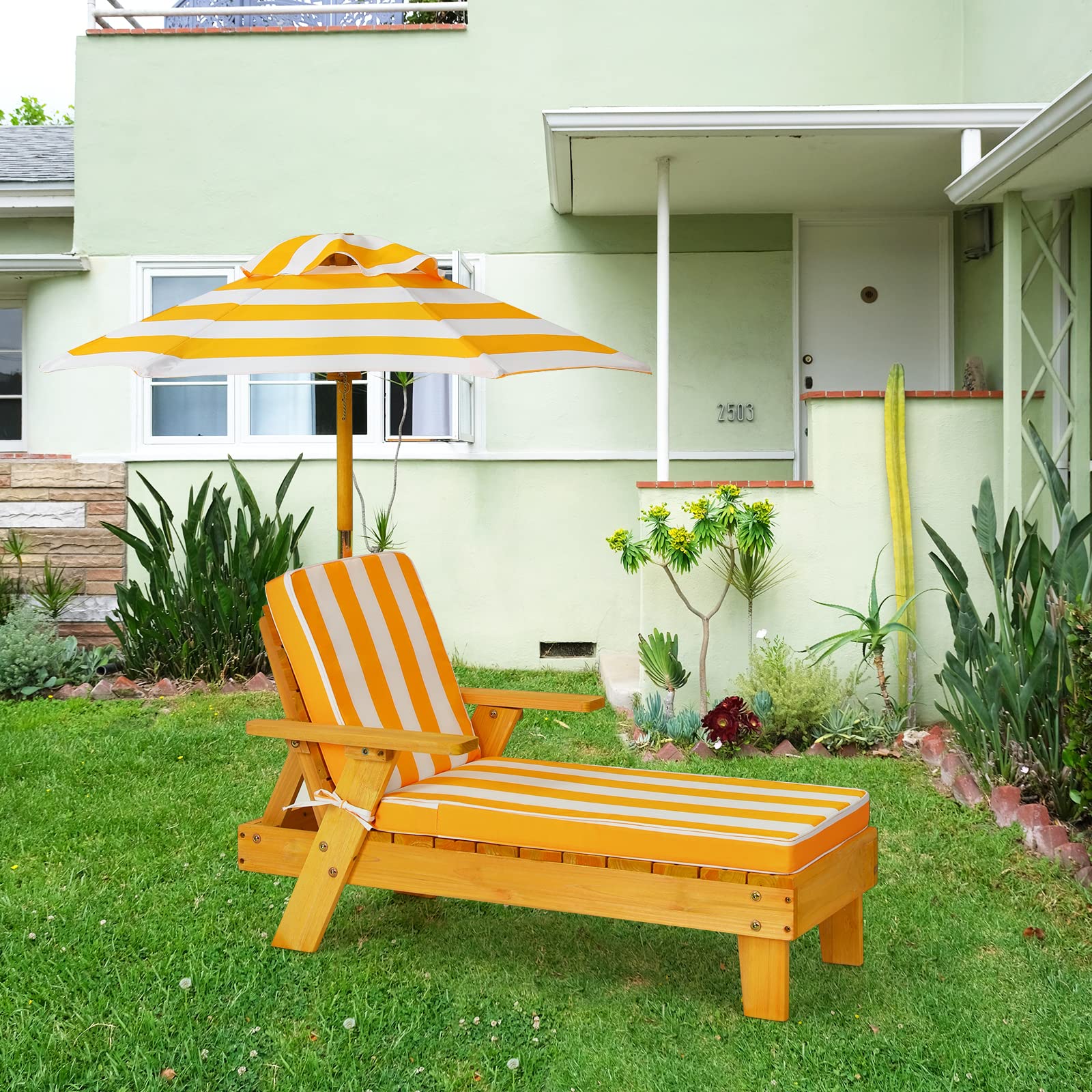 GOPLUS Chaise Longue Enfant avec Parasol, Transat de Jardin Extérieur pour Bain de Soleil, Salon de Jardin pour Plage, Camping, Patio, Charge 50KG, 92x49x106 CM