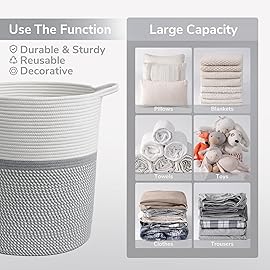 INDRESSME Baby Laundry Basket for Nursery, Kids Laundry Hamper, Tall Storage Basket for Living Room, Rope Basket for Blankets, Clothes, 17 x 15 x 13 inches, Grey