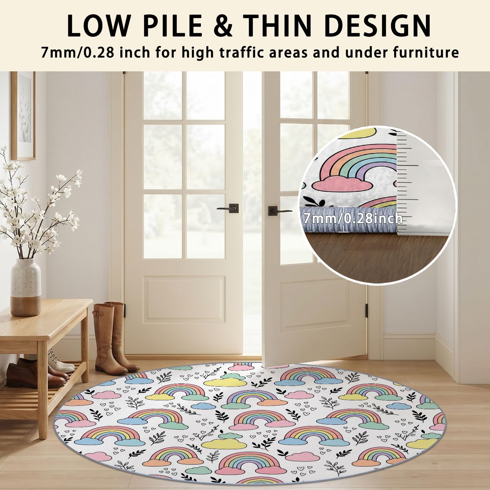 Tappeto rotondo lavabile da 200 cm, morbido, con motivo arcobaleno con nuvole e cuori, con retro antiscivolo, lavabile in lavatrice, per cameretta dei bambini, colorato