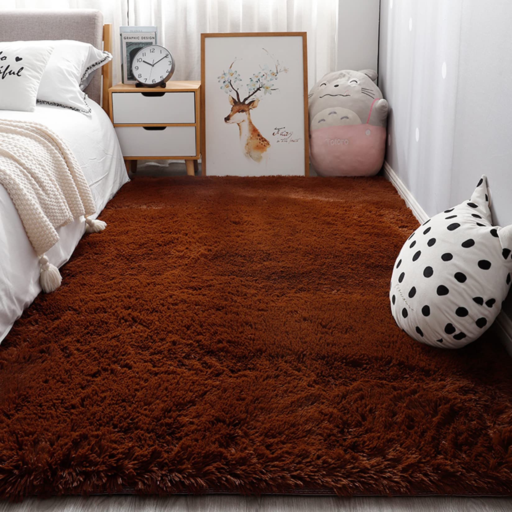 カーペット 200x260cm ふわふわ シャギー 人工ウールマット 洗える 丸洗い 折り畳み 可能 ホットカーペットカバー 対応 サラサラ 長方形 軽い, ブラウン