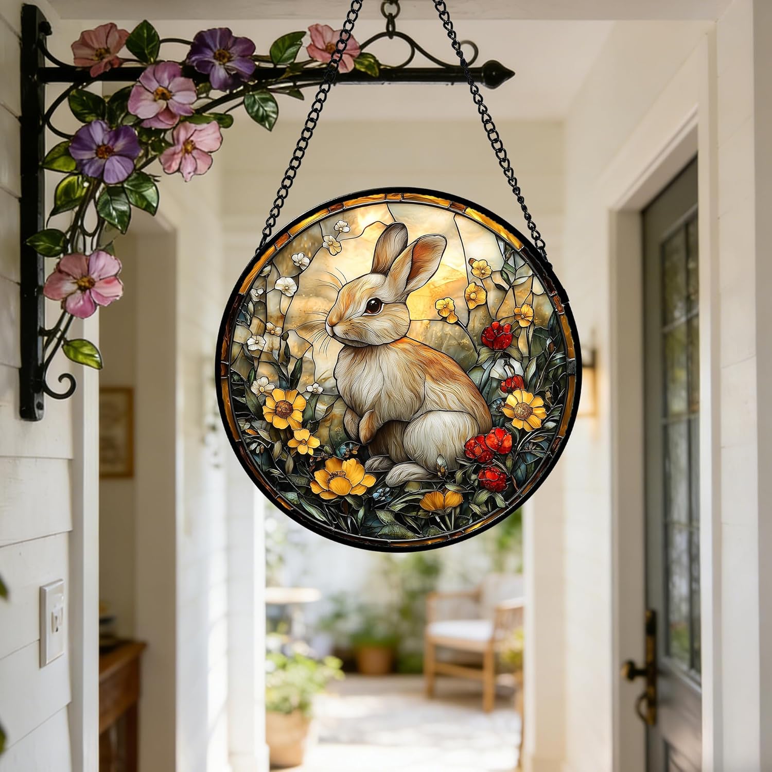 Stained Glass Window Hanging - Rabbit Flowers Suncatcher Ready to Hang Window Doors Home Decoration, Easter, Mother's Day Birthday Gifts for Women, Men, and Mom 11.8x11.8 in