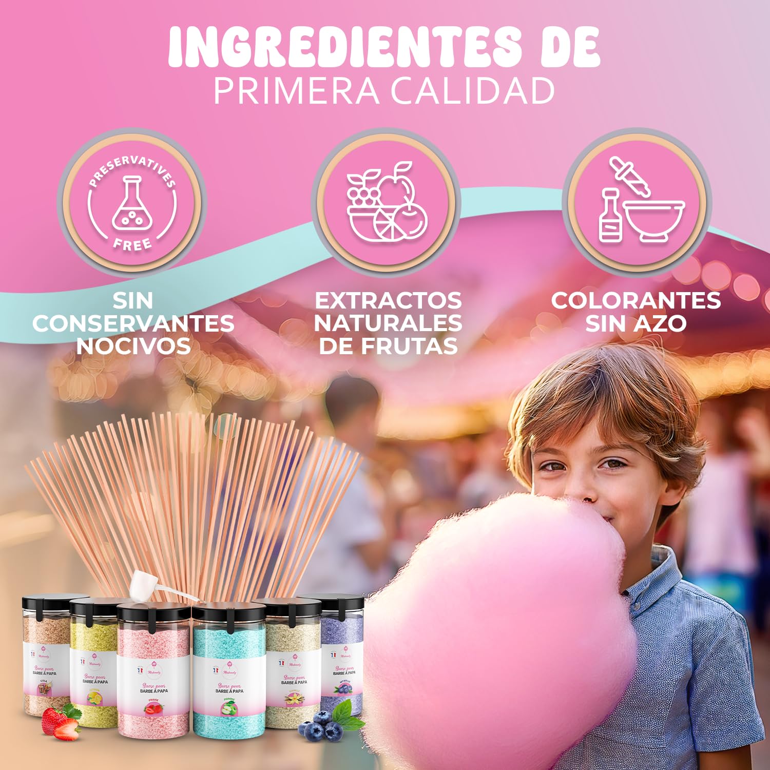 Misskandy® Kit de azúcar de algodón de 6 sabores, 72 porciones - Incluye 50 palitos para máquina de algodón de azúcar - Los sabores incluyen cola, vainilla, fresa, arándano, limón y manzana
