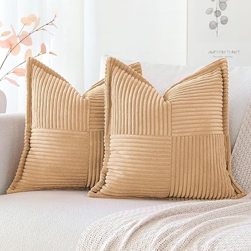 OTOSTAR Juego de 2 fundas de almohada de pana con empalme, súper suaves, estilo bohemio, a rayas, decorativas, con textura, para sofá, cama, sala de