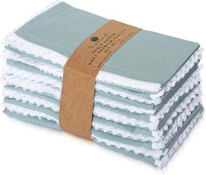 FINGERCRAFT Lace Cloth Napkins, Cotton Linen, 12 Pack, 20x20 Inch, Aqua