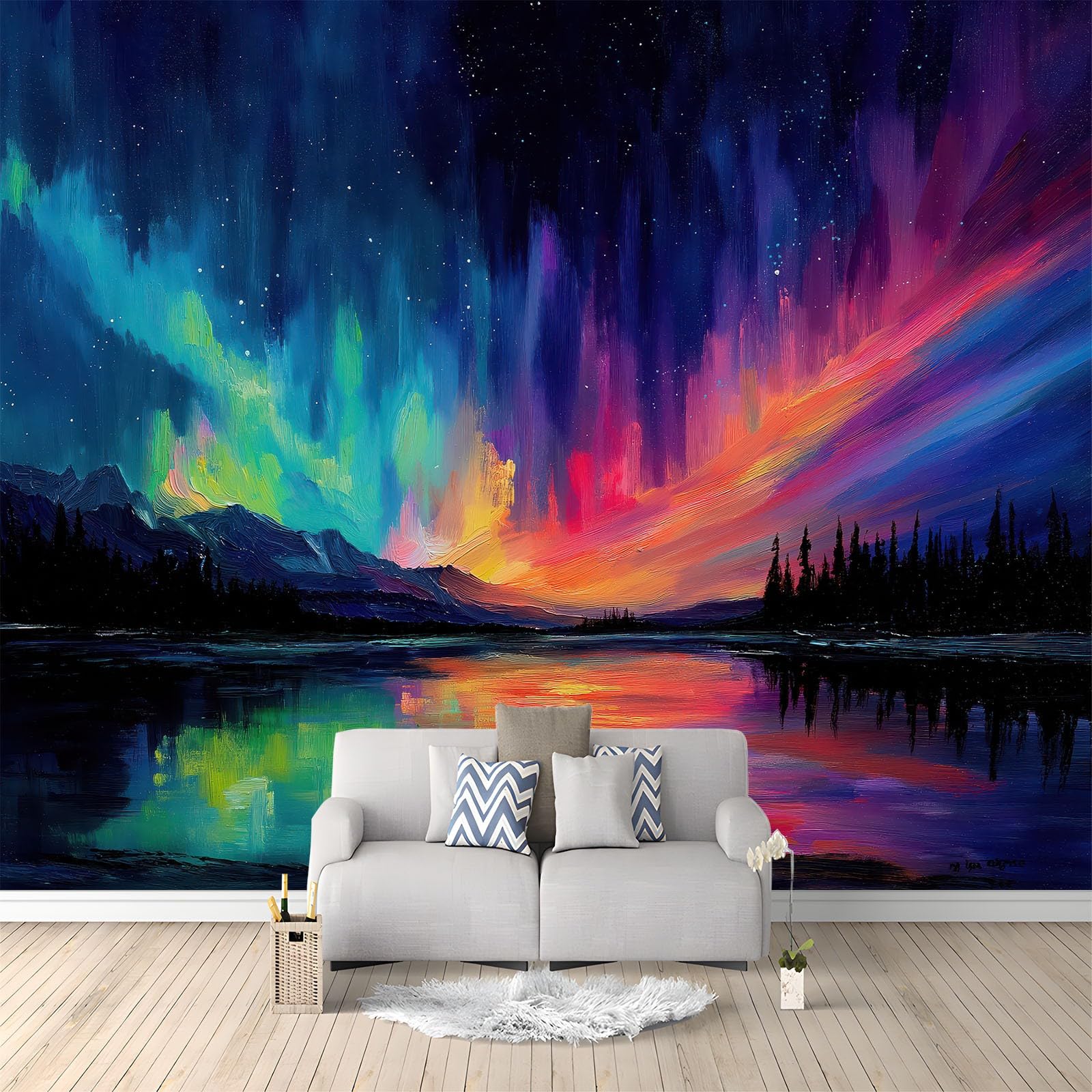 Photo Wallpaper Oil Painting Fantasy Aurora Lake 400 x 280 cm Non-Woven Decor Wall Paper, for Bedroom Lounge Office & Studio Wallcovering Decoration wallcovering Poster, Black