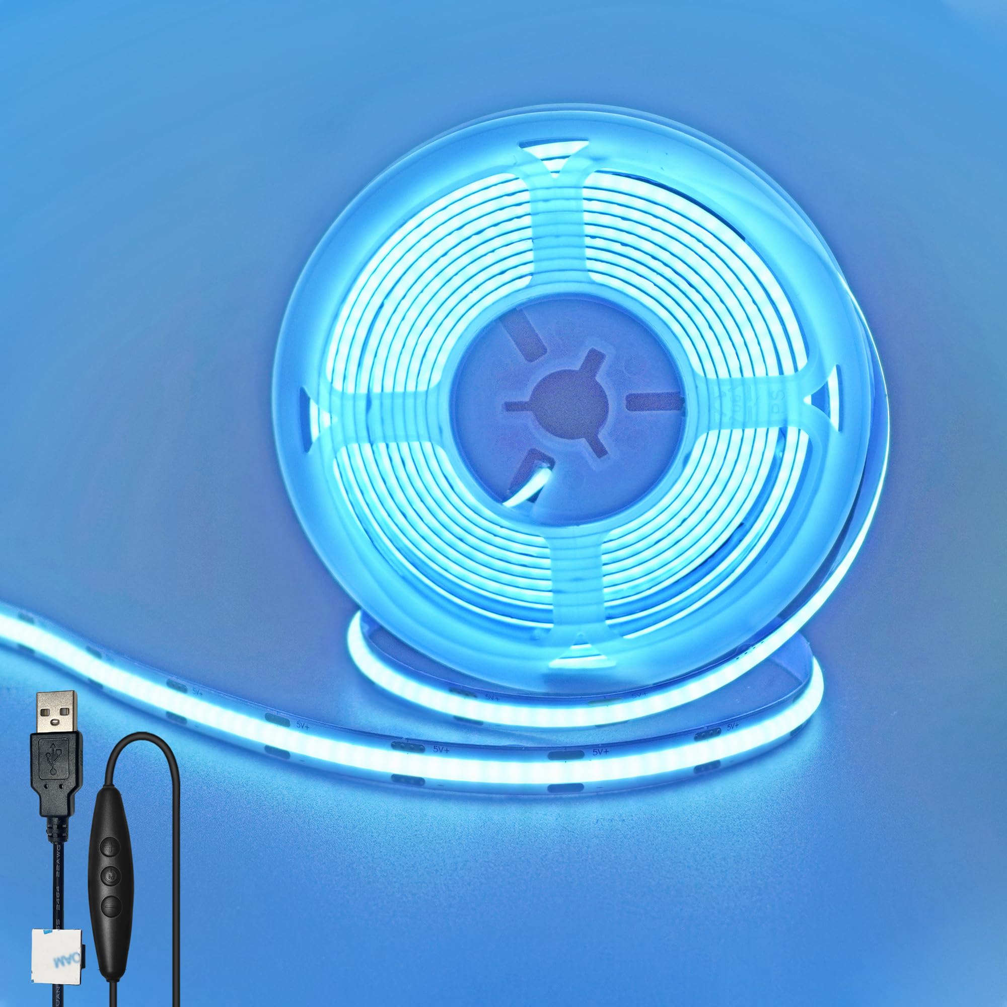 Clearhill 5V USB COB LED Strip Lights with Dimmable Switch,Iceblue,8mm Width 320LEDs/m,8W/m,CRI90,16.4FT/5M,Electroplated Double-Sided Panel Light Strip,Waterproof IP20,for Indoor Decoration