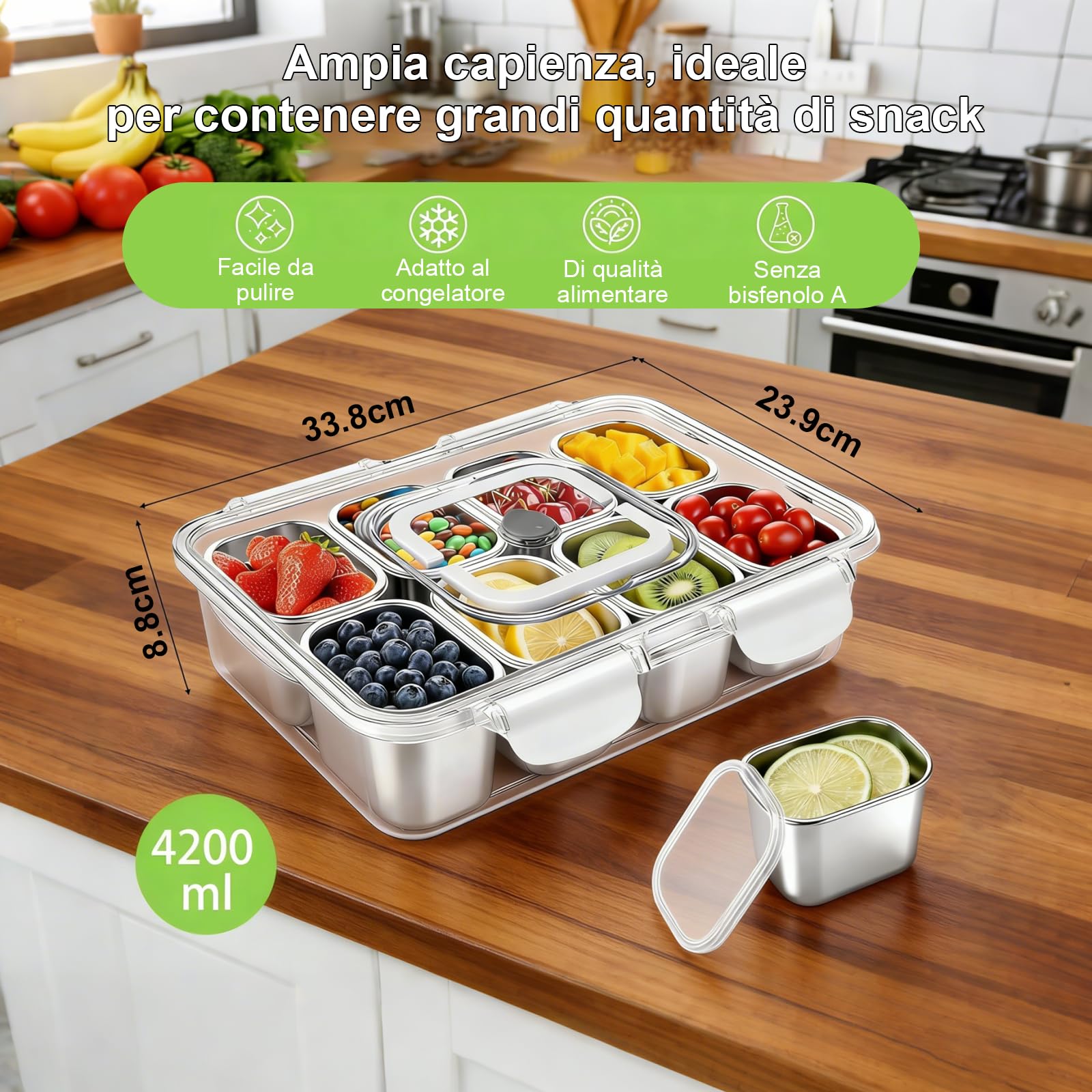 Contenitore Snack 8 Scomparti Acciaio Inossidabile, Piatto Snack Manico e 8 Coperchi Singoli, Contenitore Scomparti, Per Dolciumi, Frutta Secca, Frutta, Verdura