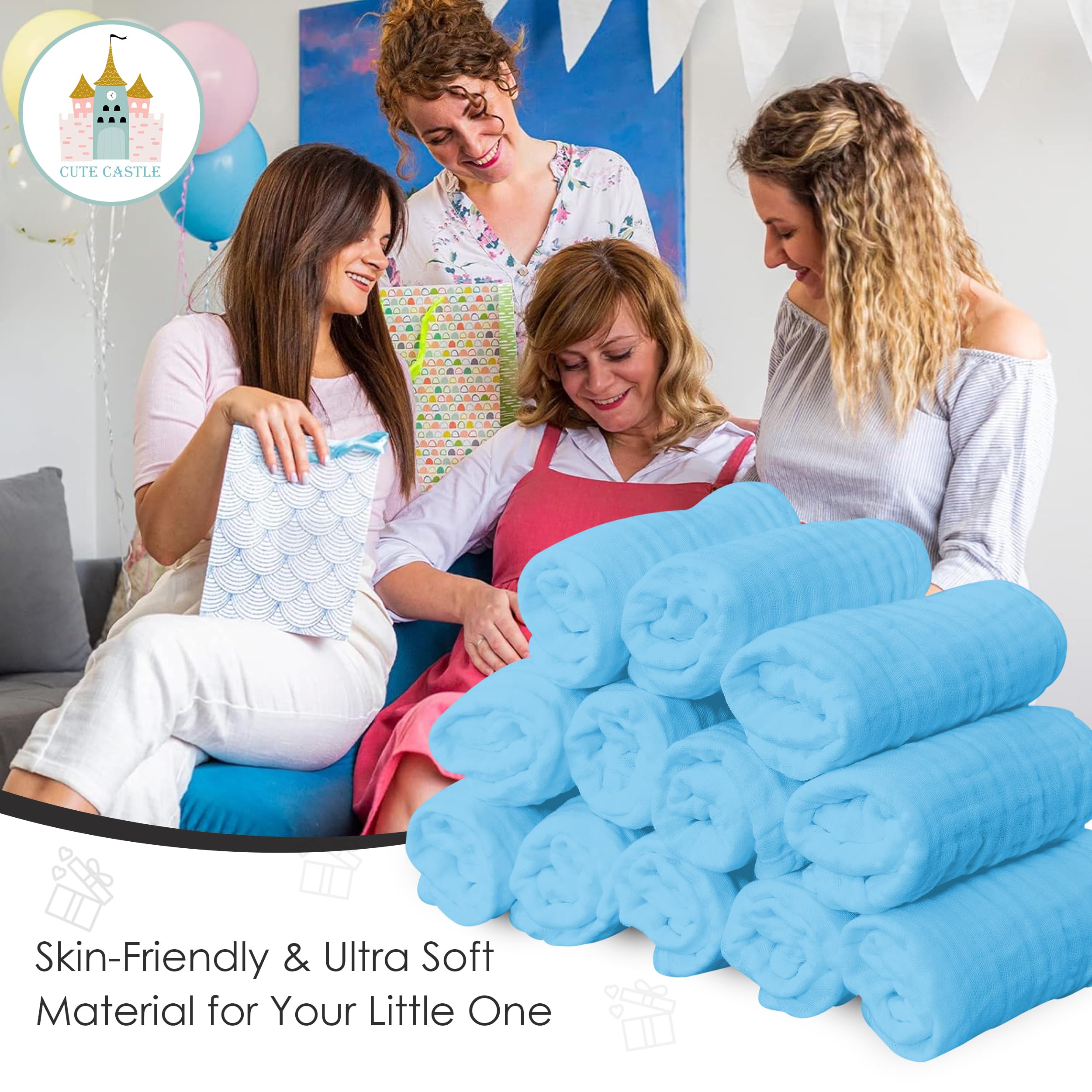 Cute Castle 12 paños de muselina para bebés - grandes 30 por 30 cm - ultra suave 100% algodón - paños de escupir súper absorbentes para Unisex, niño y niña - aguamarina