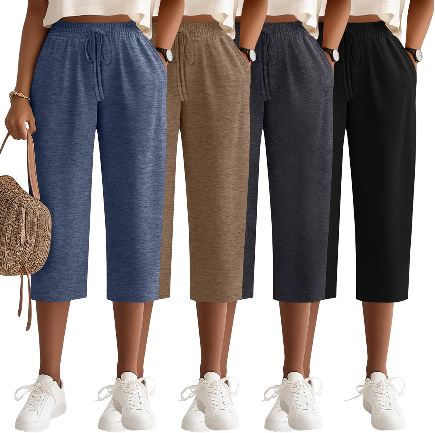 Neer 4 Pack Women's Capri Pants Wide Leg Yoga Capri Sweatpants Drawstring Summer Lounge Loose Fit Cropped Pants with Pockets
