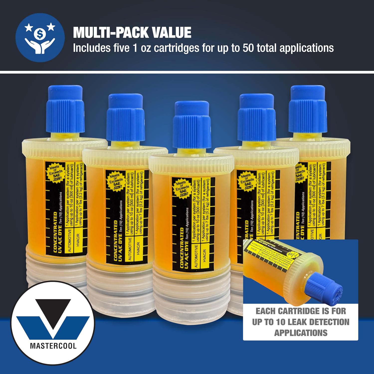 Mastercool 53810-5 UV Leak Detection Dye Cartridges – 1 oz, Standard Formula, 10 Applications Each (Pack of 5) – R-134a, R-1234yf, R-12, R-22