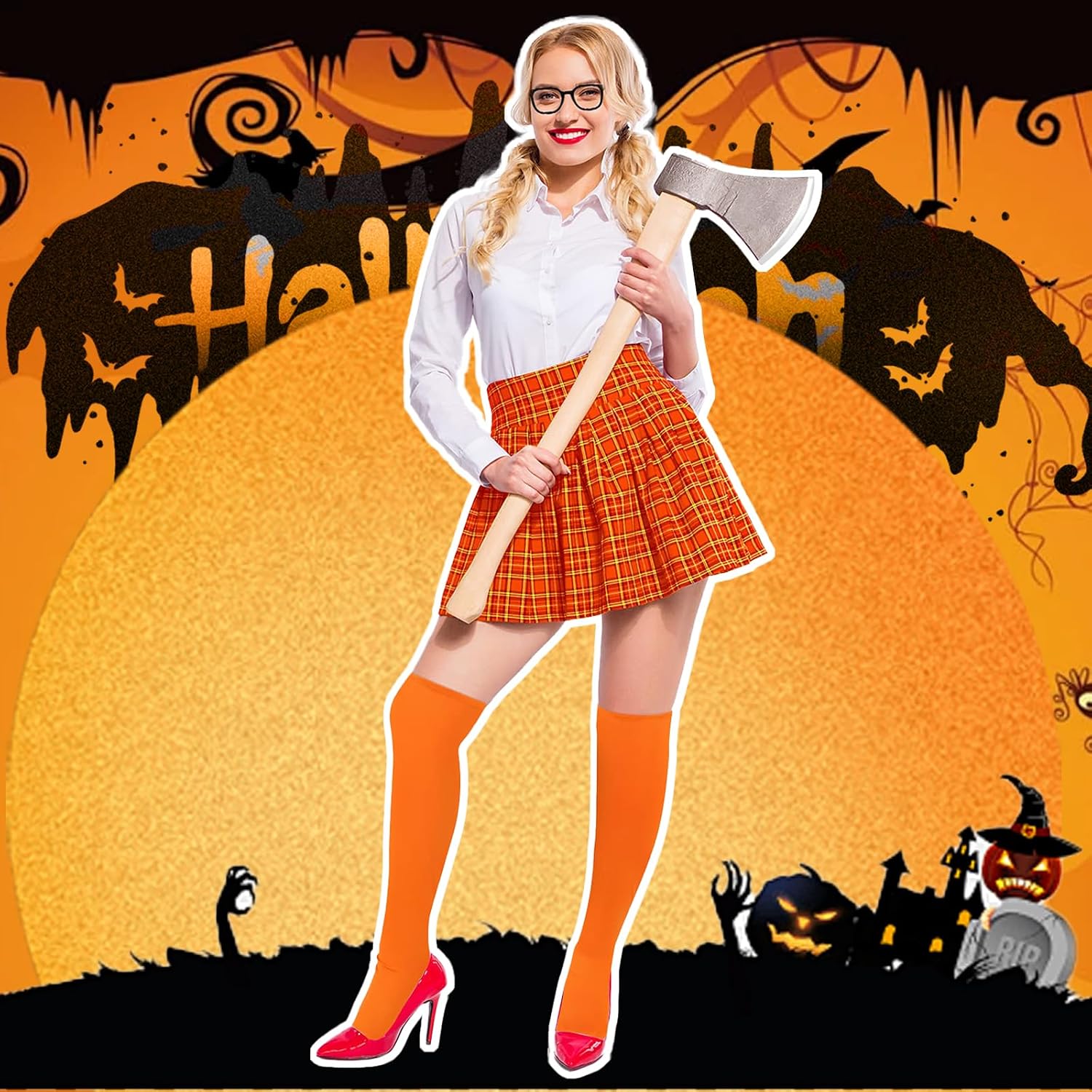 Velma Costume Accessories 3Pcs Halloween Compression Socks Plastic Magnifying Glass Nerd Costume Glasses for Adults