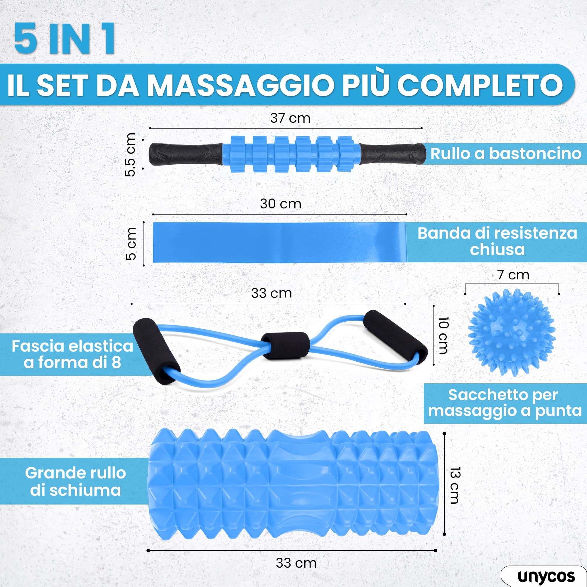unycos - Foam Roller【PP/EVA】| Kit 5 in 1, Rullo per Massaggio Muscolare che Supporta 120 kg, Fascia di Resistenza Fitness, Palla, Bastone di Riabilitazione, Corda di Forma e Custodia (Blu)