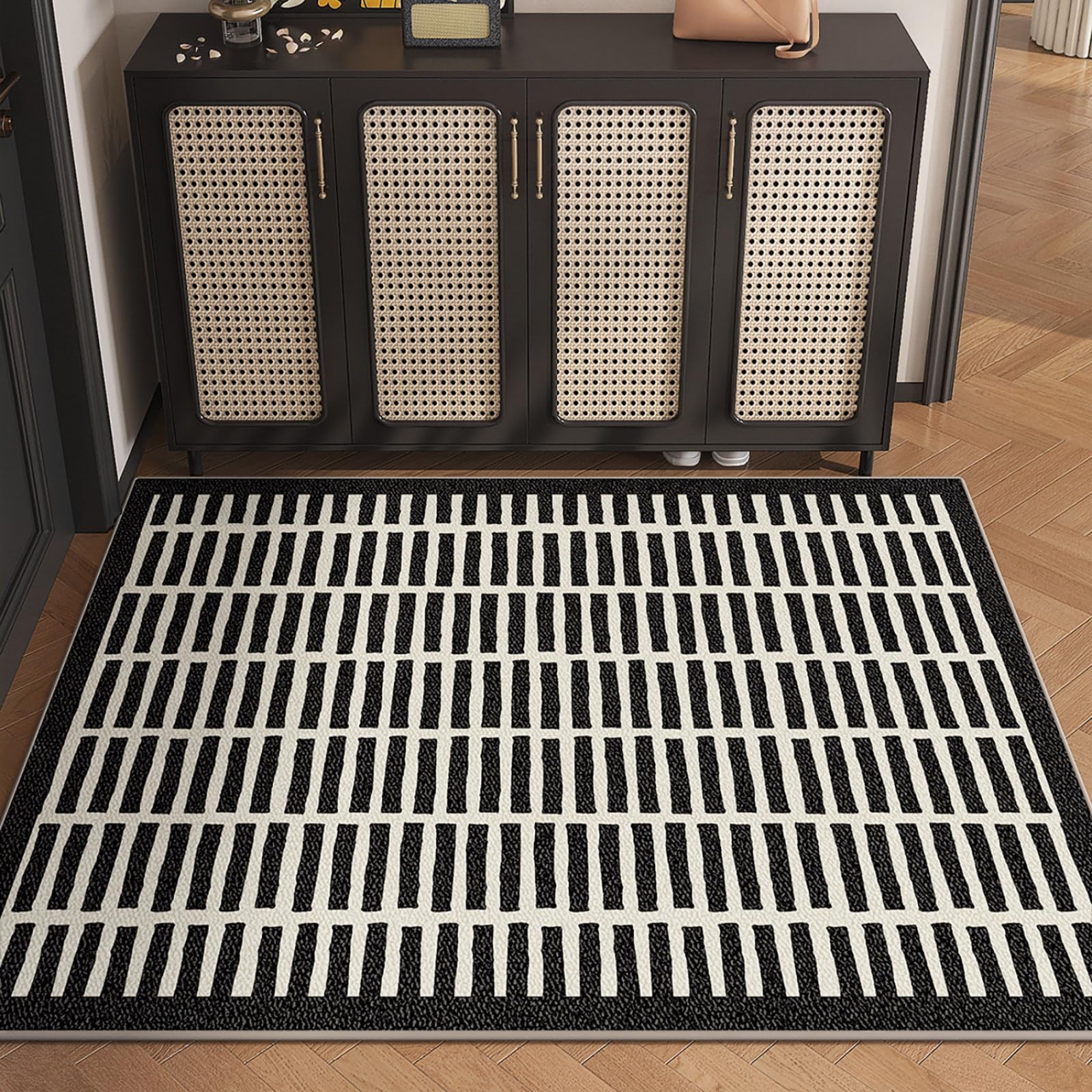 Fussmatte Aussen 90x150 Schwarze Weiße Linien Schmutzfangmatte rutschfeste Fußmatte Außen für Eingang Patio Flur Garten Türmatte Maschinenwaschbare Fußmatten Haustür