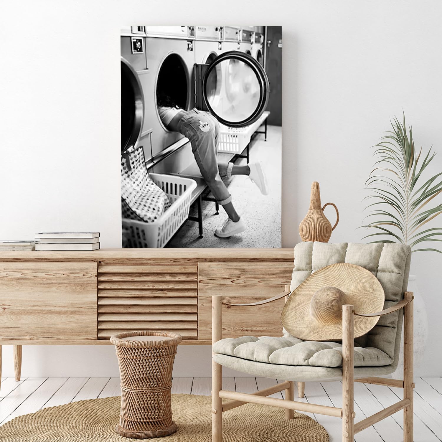 Fashion Laundry Room Wall Art-Woman In Washing Machine Print,Black And White Laundromat Photo,Vintage Photography Art,Funny Laundry Print Apartment Bathroom Decor,Gift For Women 20x30inch unframed
