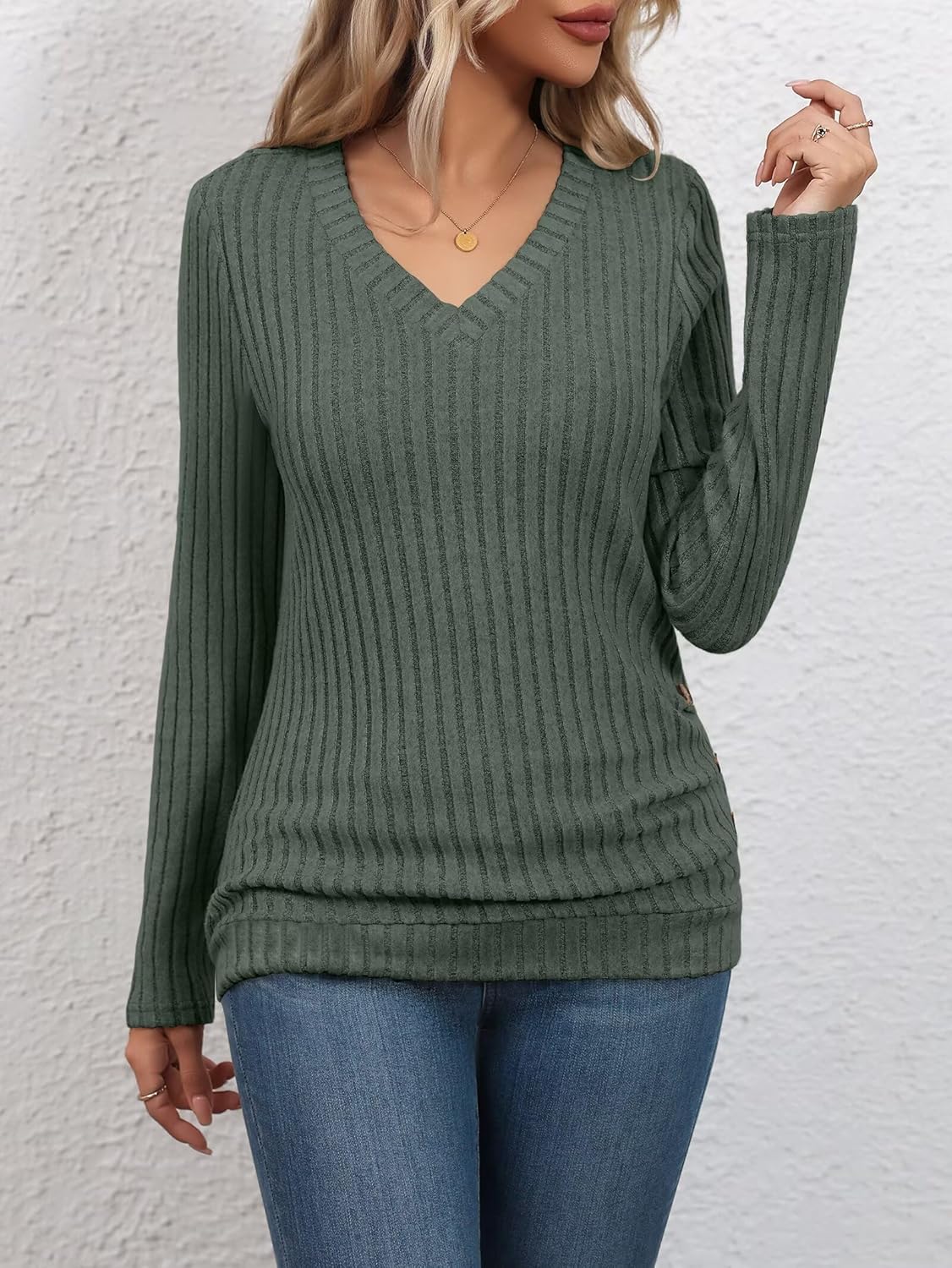 Bliwov Womens Tunic Tops Long Sleeve V Neck Casual Fall Outfits Ruched Button Pullover Sweater Loose Blouse Fashion Clothes - Image 5