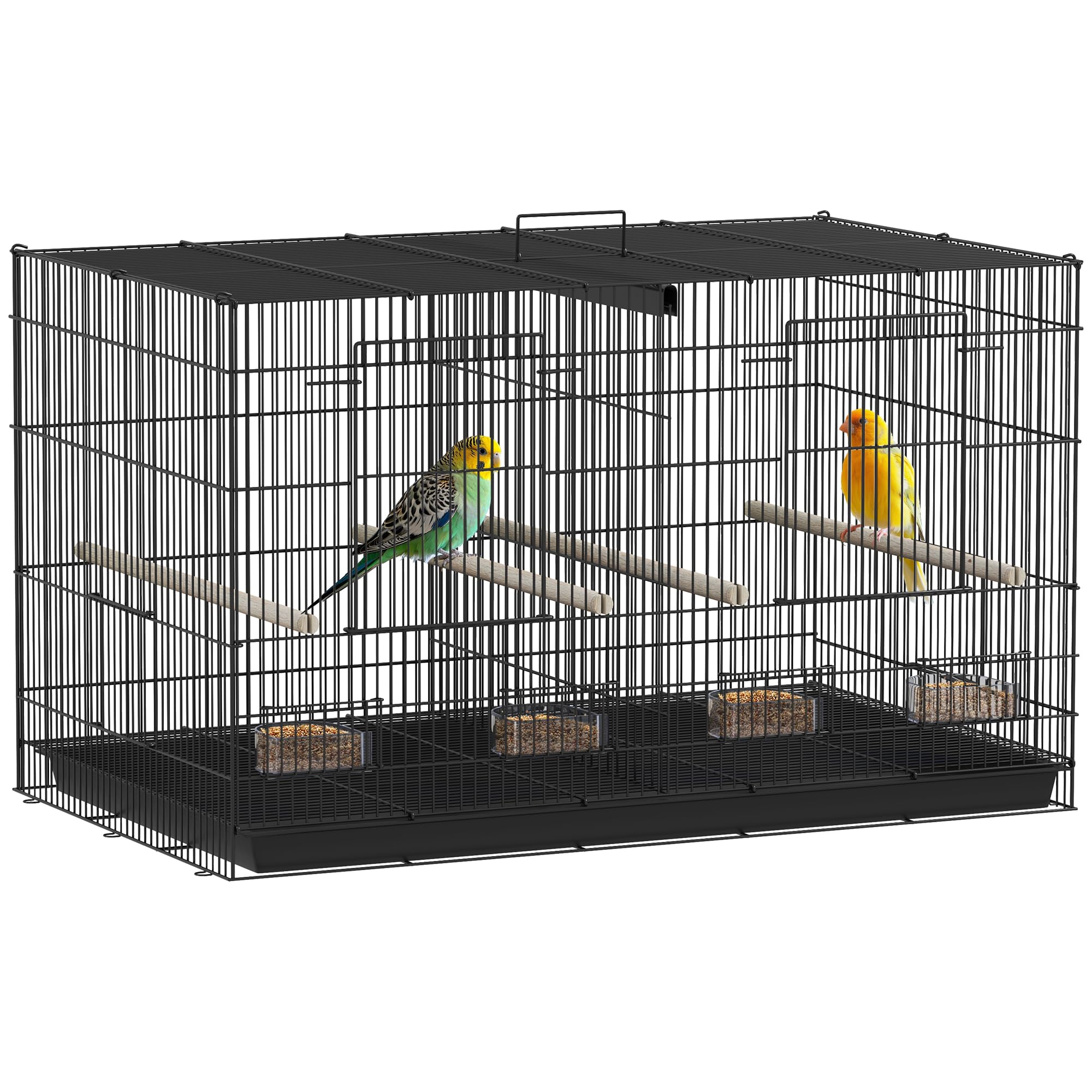 PawHut Jaula para Pájaros con Divisor, 76x46x46 cm, Pajarera con 4 Comederos, 4 Perchas y Bandeja Extraíble, Jaula para Loros, Canarios, Periquitos, Negro