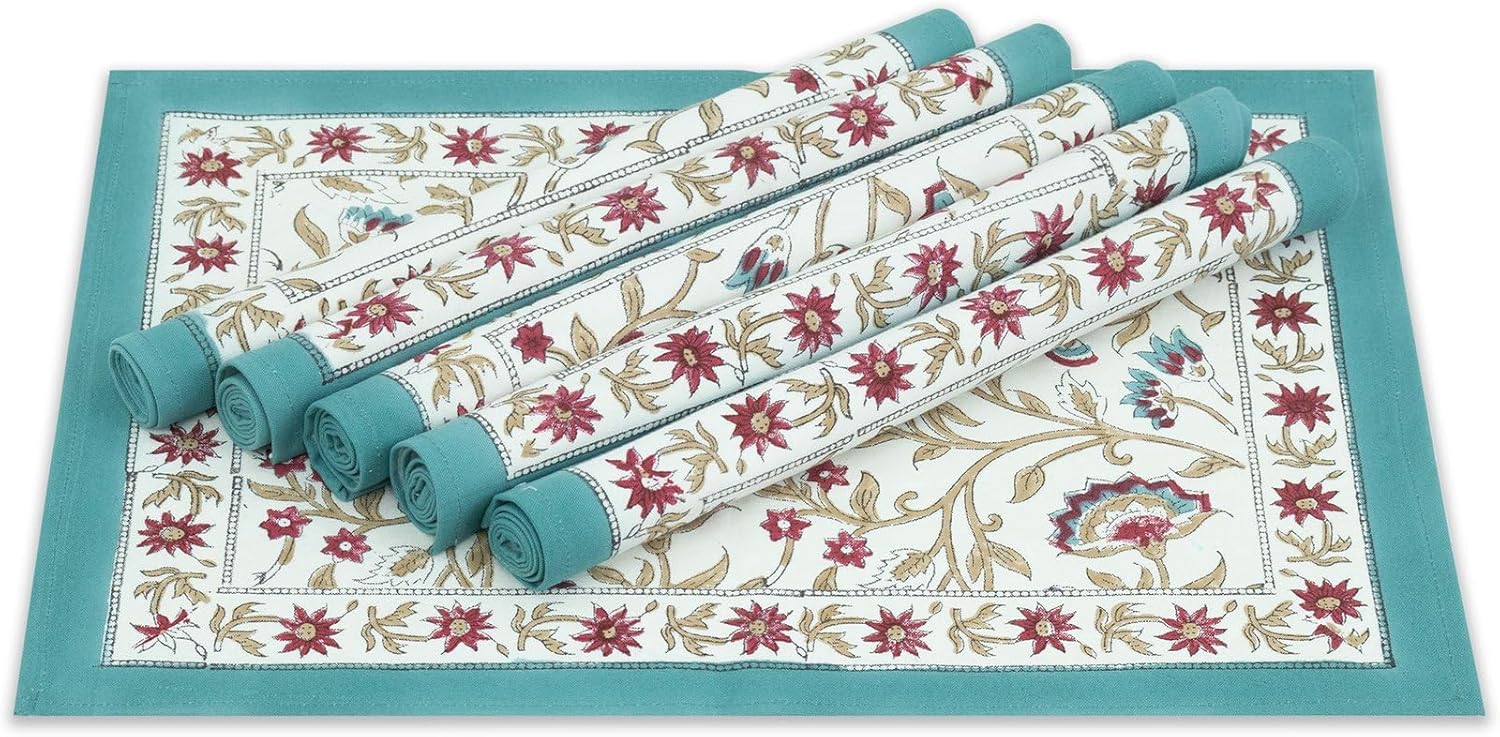 Dinning Table Mats Set of 4, Blue Red Handblock Printed Cotton Placemats, 18 X 13 Inches, Washable Handmade Indian Tablemats for Valentine Thanksgiving Gifts Home Decor Dinning