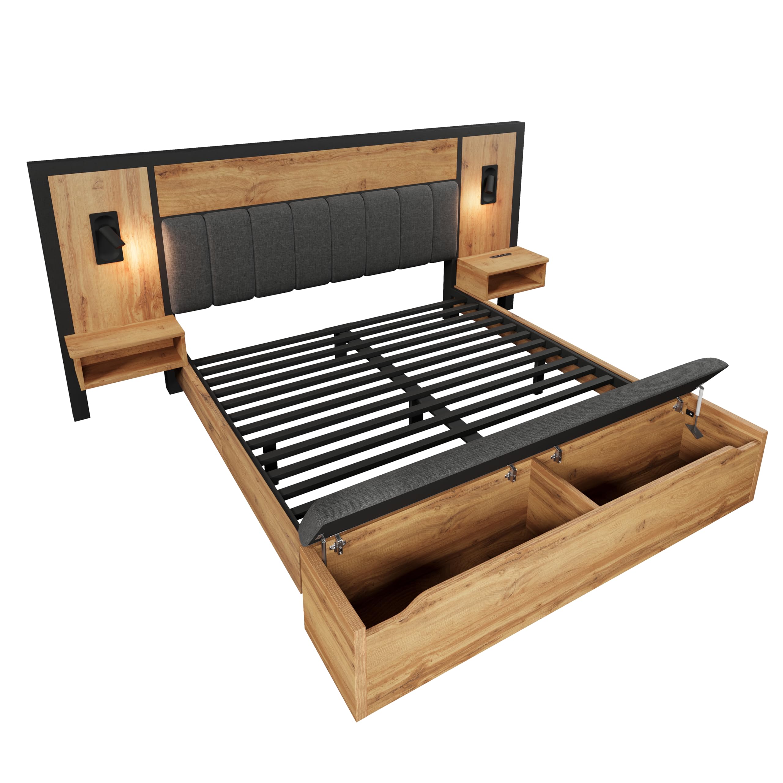Kebnor Letto matrimoniale imbottito, letto con lampada da lettura e comodino USB C e panca con vano portaoggetti, struttura del letto con rete a doghe in metallo, legno e lino, rovere (senza materasso